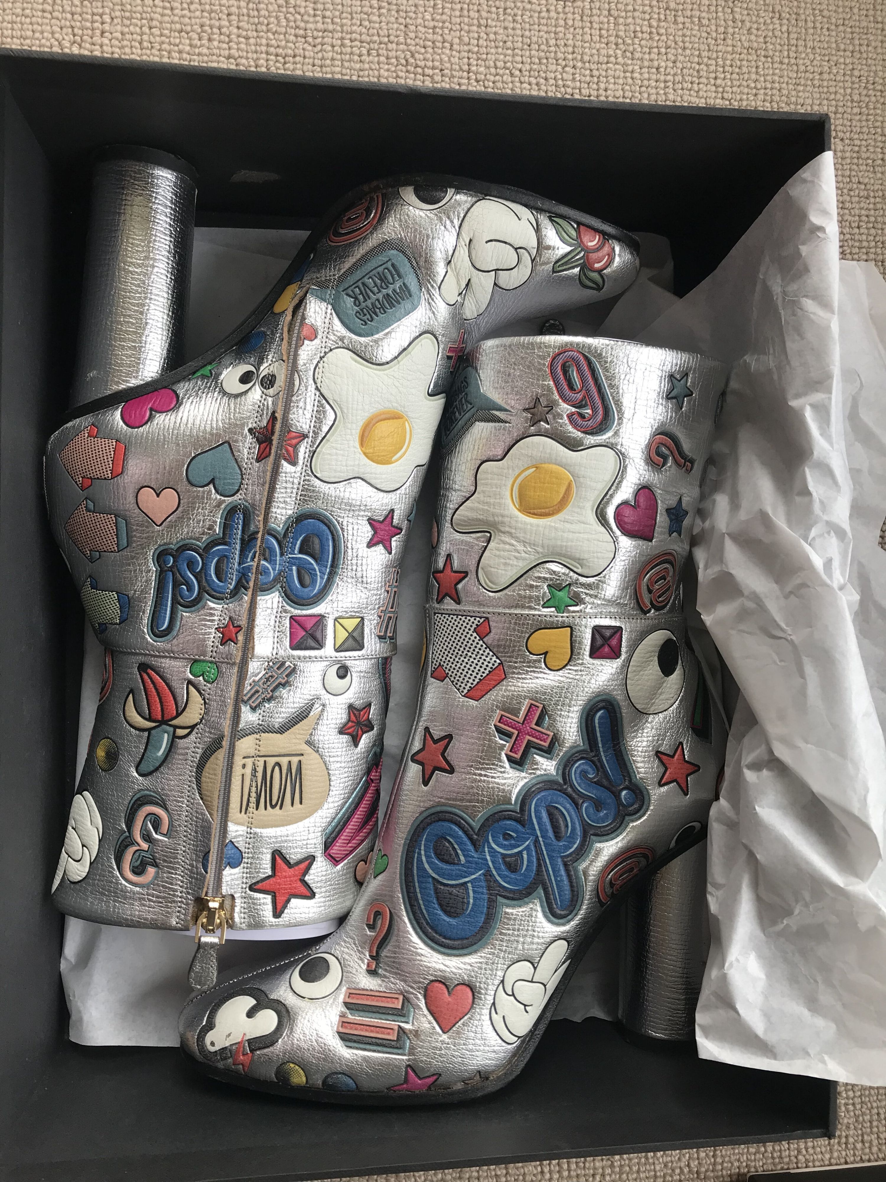 Preowned Anya Hindmarch Silver All-Over Stickers Boots Size 37 Multi with silver background italian leather