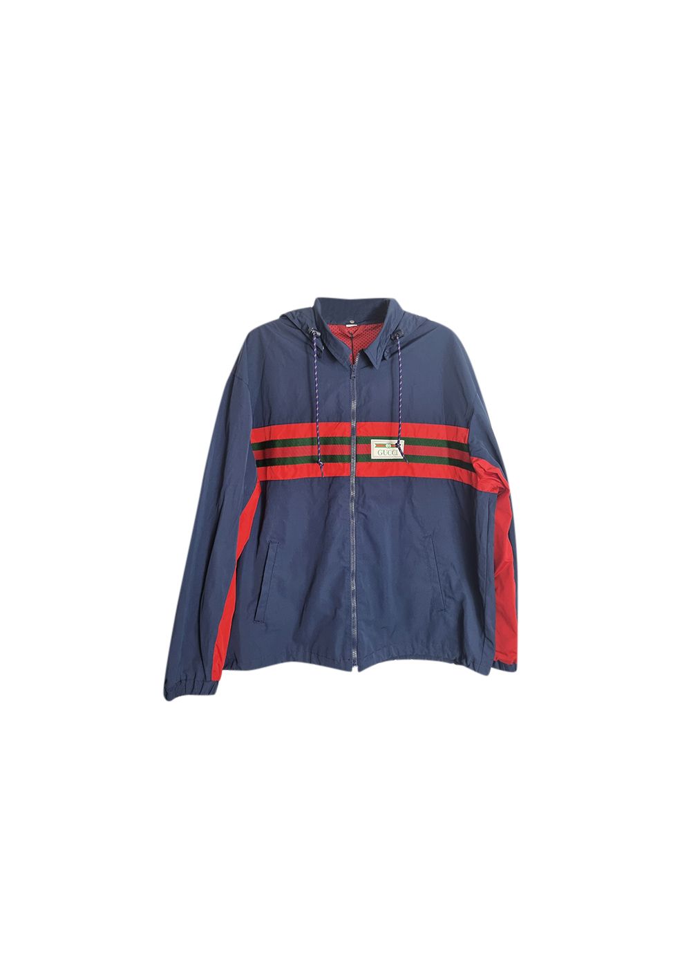 Men's Gucci Navy cotton-blend web striped windbreaker jacket Size XL Blue cotton