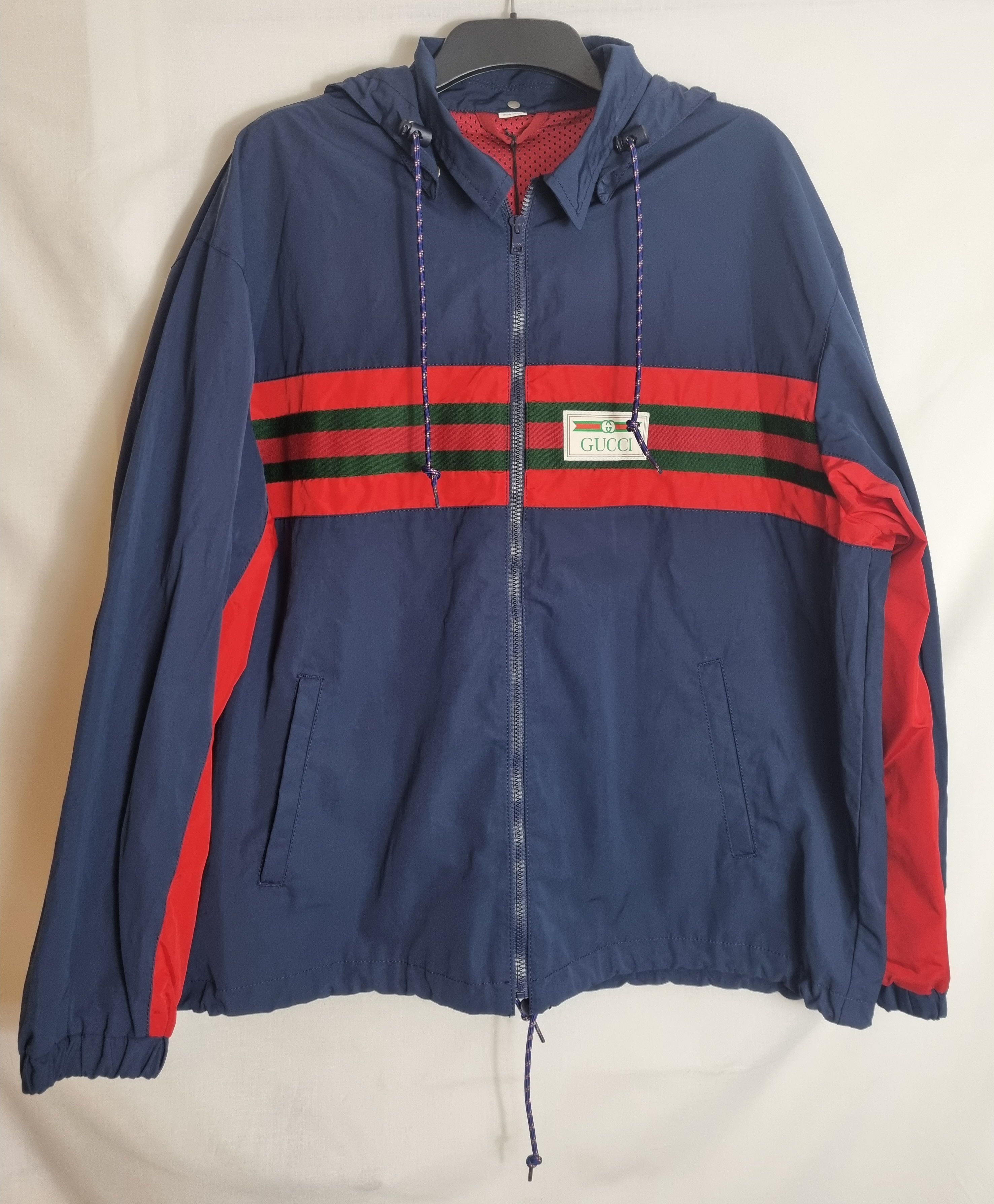 Men's Gucci Navy cotton-blend web striped windbreaker jacket Size XL Blue cotton