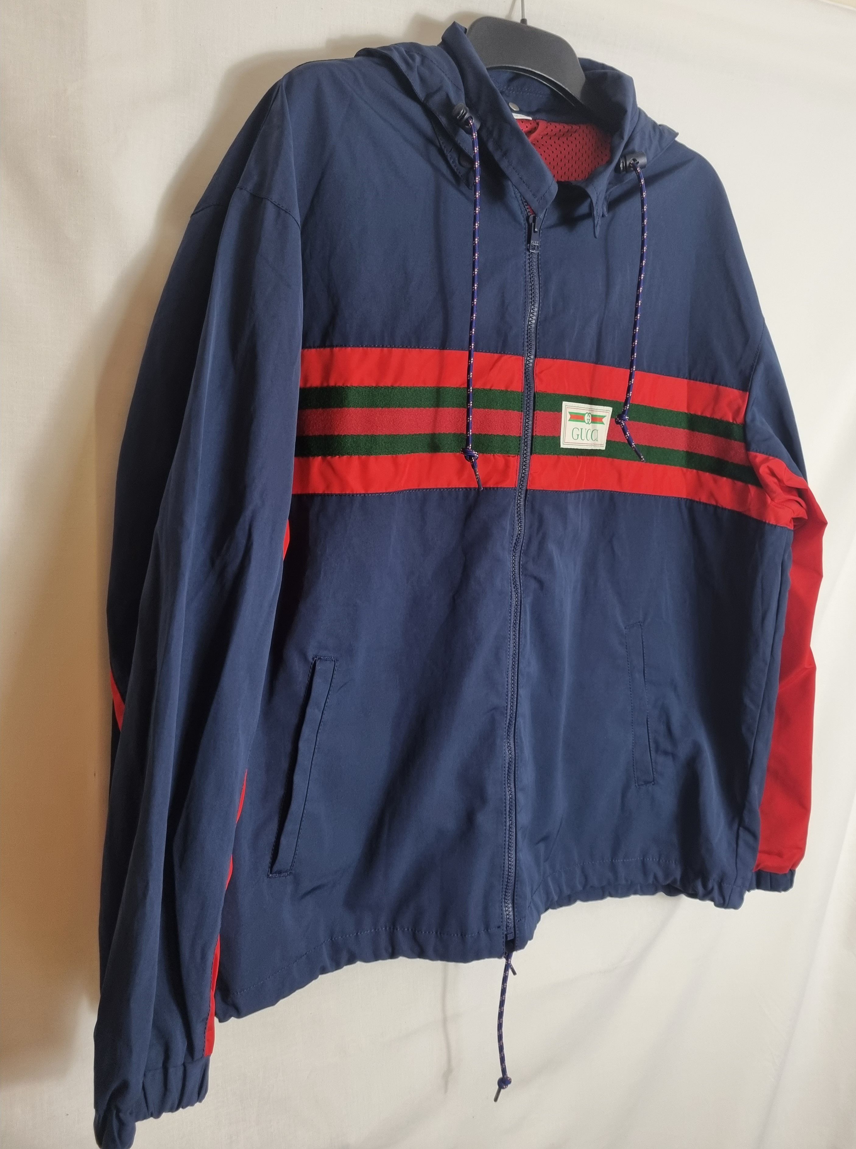 Men's Gucci Navy cotton-blend web striped windbreaker jacket Size XL Blue cotton