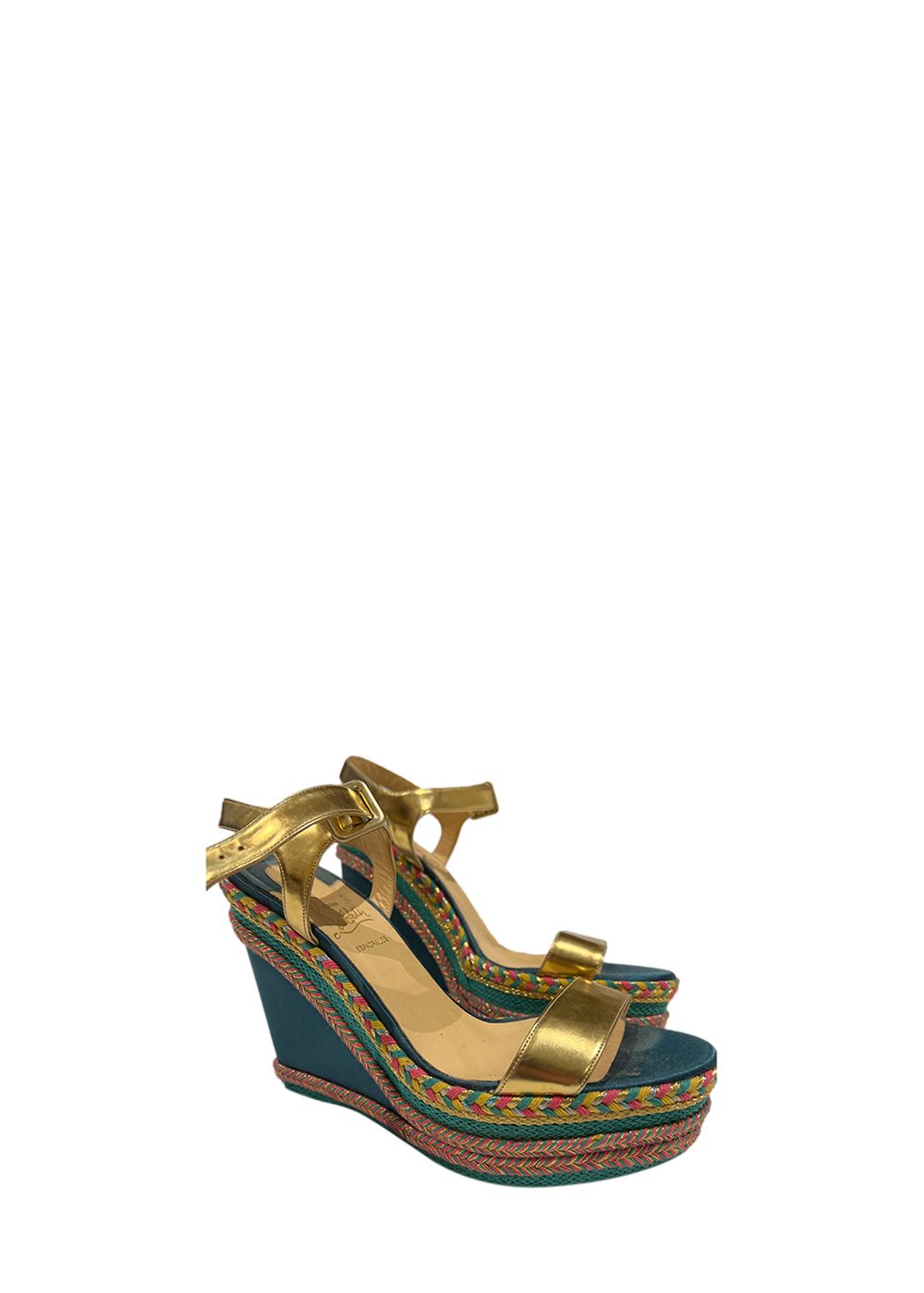 Preowned Christian Louboutin Multicolour Raffia Wedge Heeled Sandals Size 41 Gold blue and pink eel