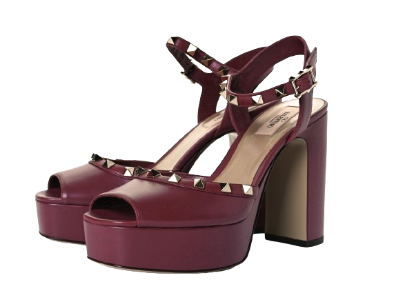 Preowned Valentino Burgundy Rockstud  Platform Sandals Size 375 leather