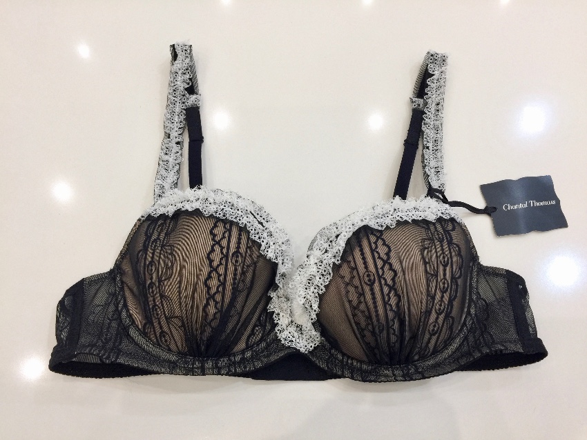 Chantal Thomass Tulle  Lace Frill Half Cup Bra  Brief Set Size S Black