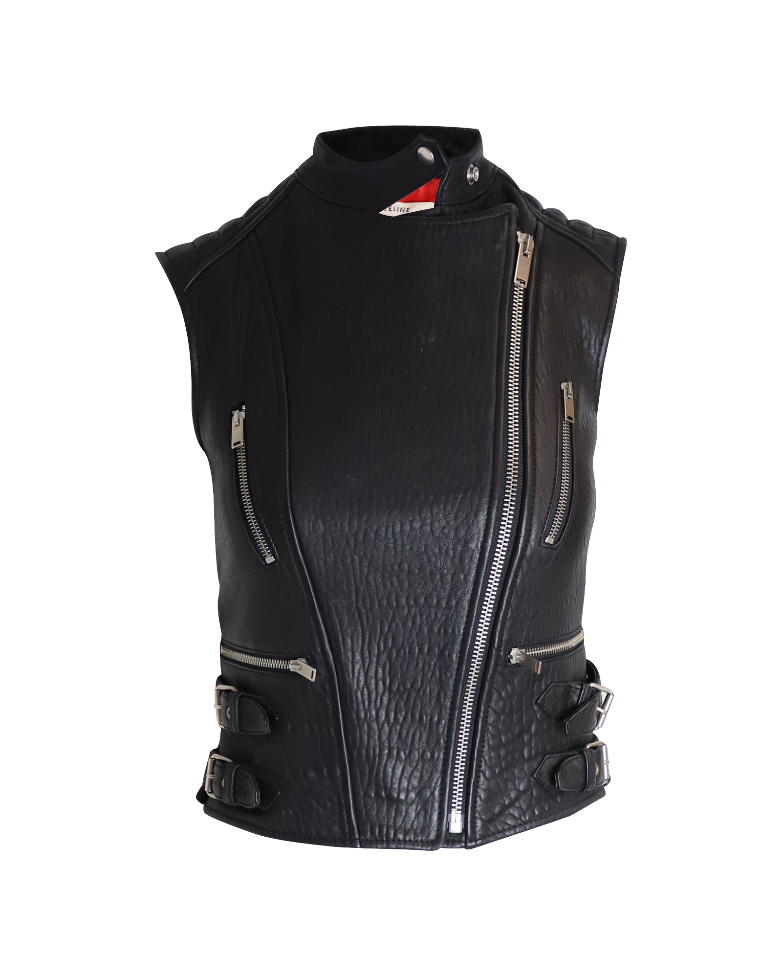 Preowned Celine Black Leather Sleeveless Cropped Biker Gilet Size XS