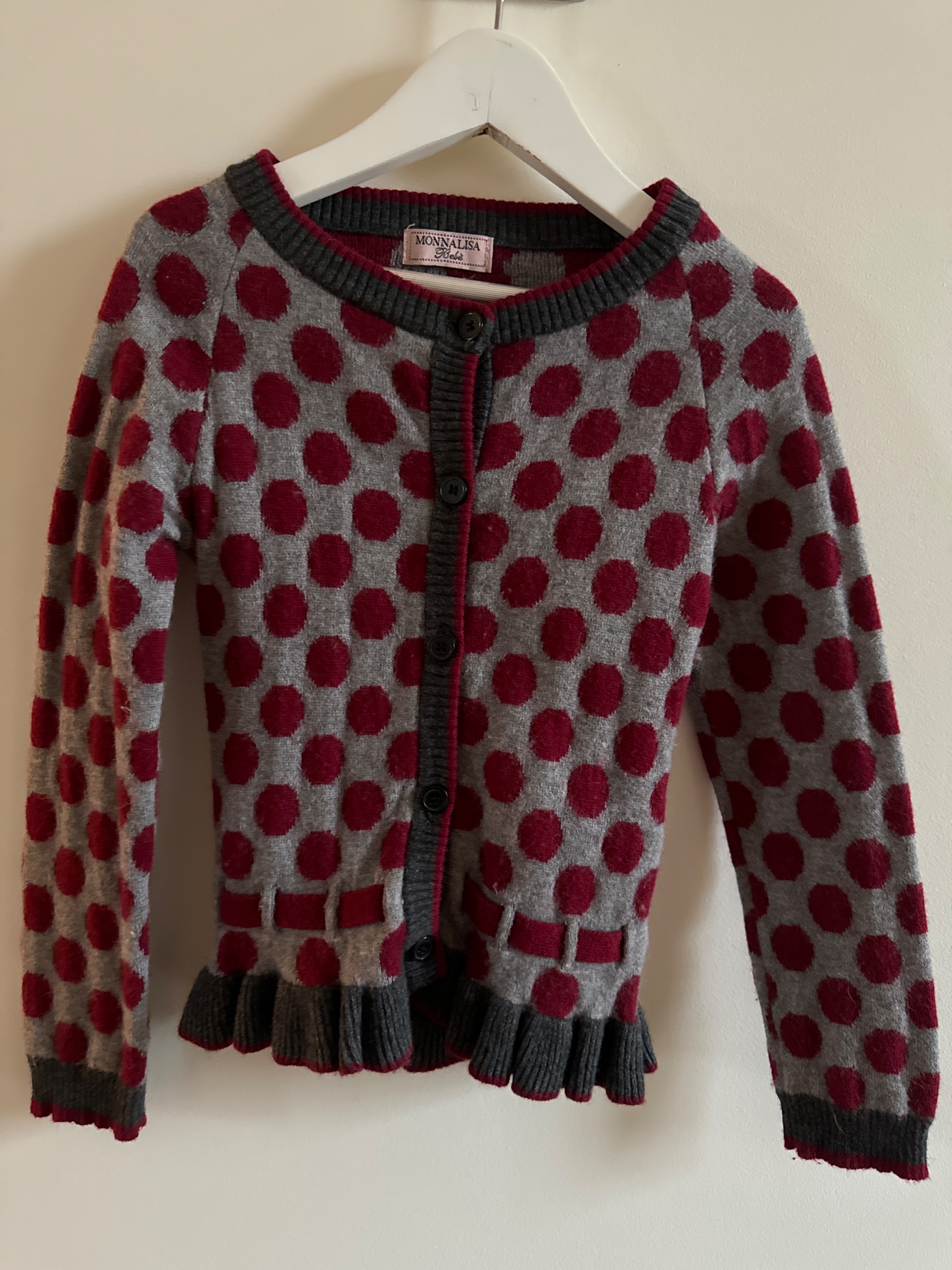 Boys Preowned Monnalisa Kid's Grey Polka Dot Wool Cardigan Size 3 Years Red/grey wool/cotton/nylon