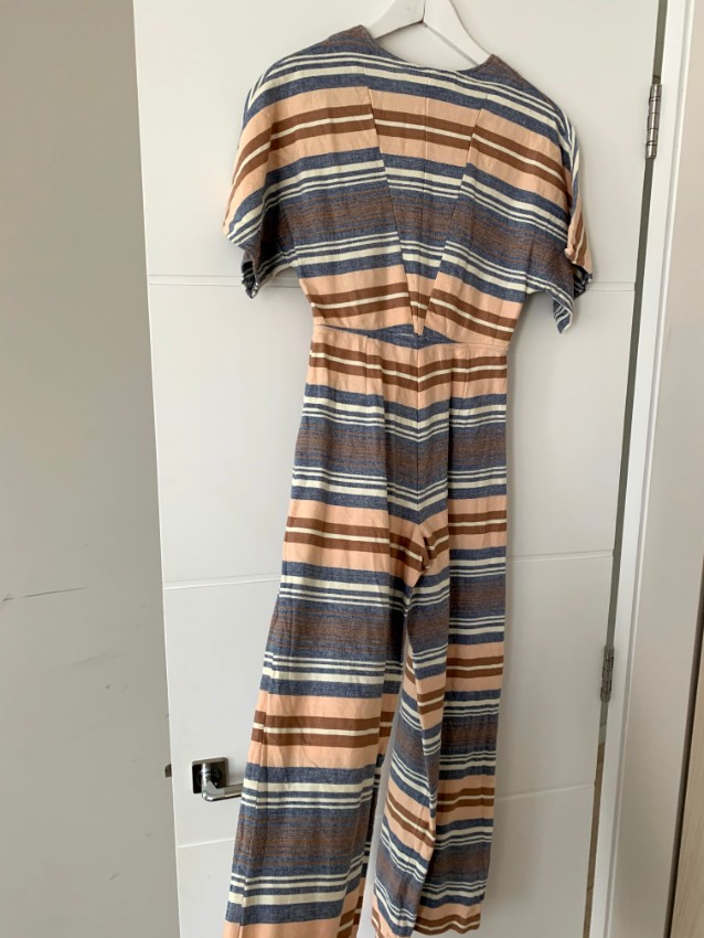 Preowned Solid  Striped Striped Jumpsuit Size S Blue linen