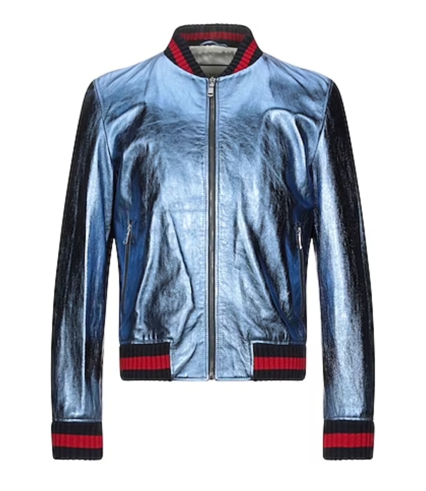 Gucci Metallic Blue Leather Web Trimmed Bomber Jacket Size S