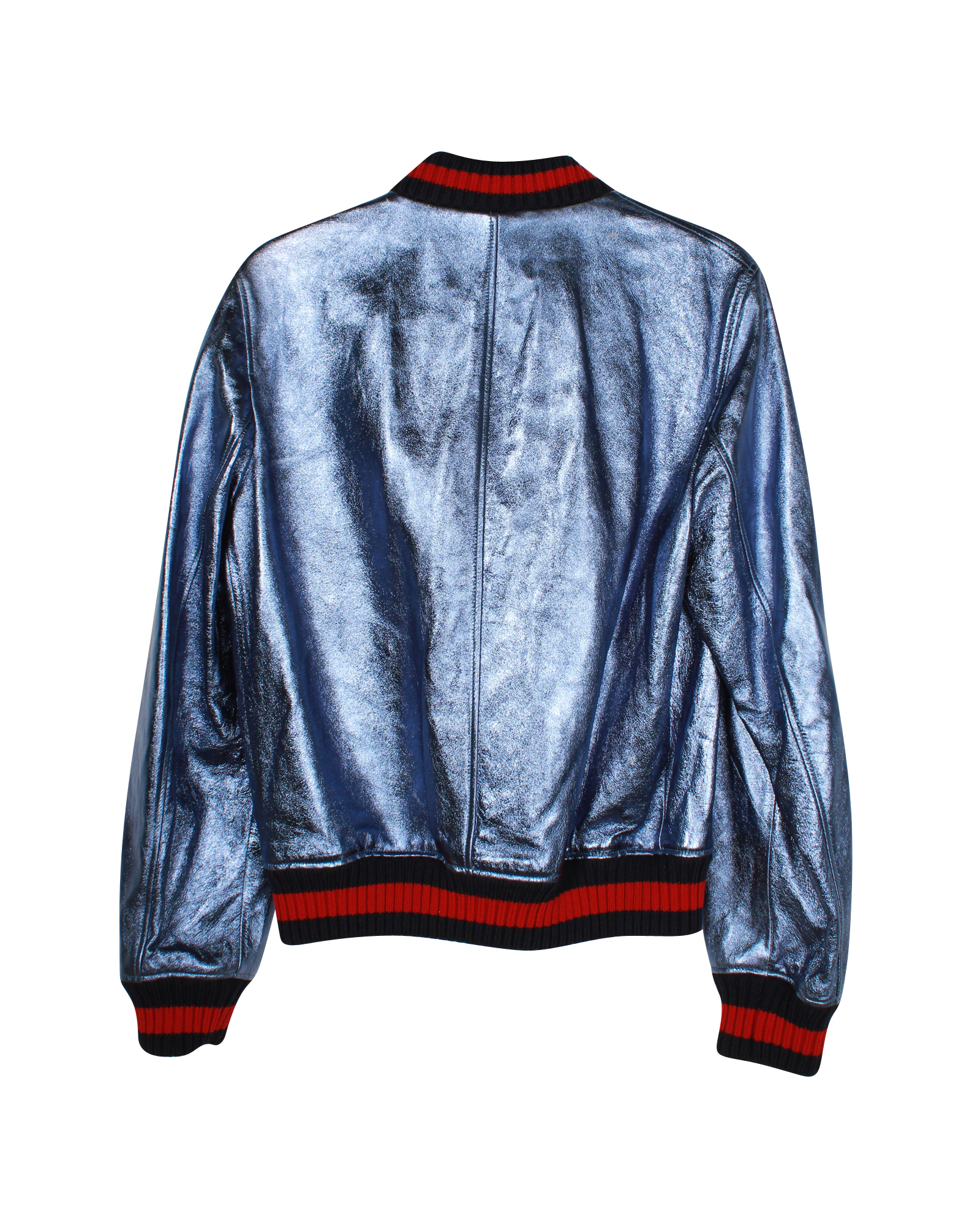 Gucci Metallic Blue Leather Web Trimmed Bomber Jacket Size S