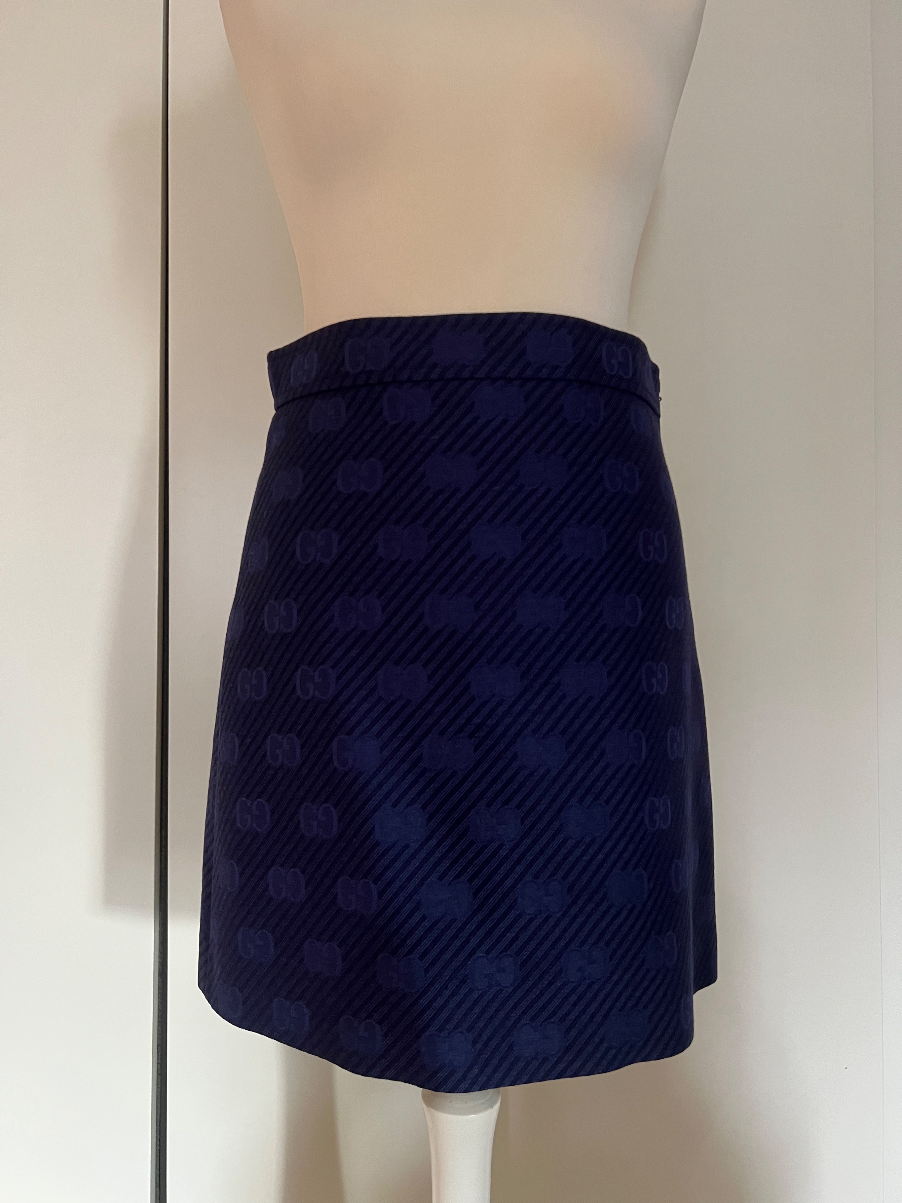 Gucci Diagonal Stripe GG A-Line Skirt Size M Dark blue silk