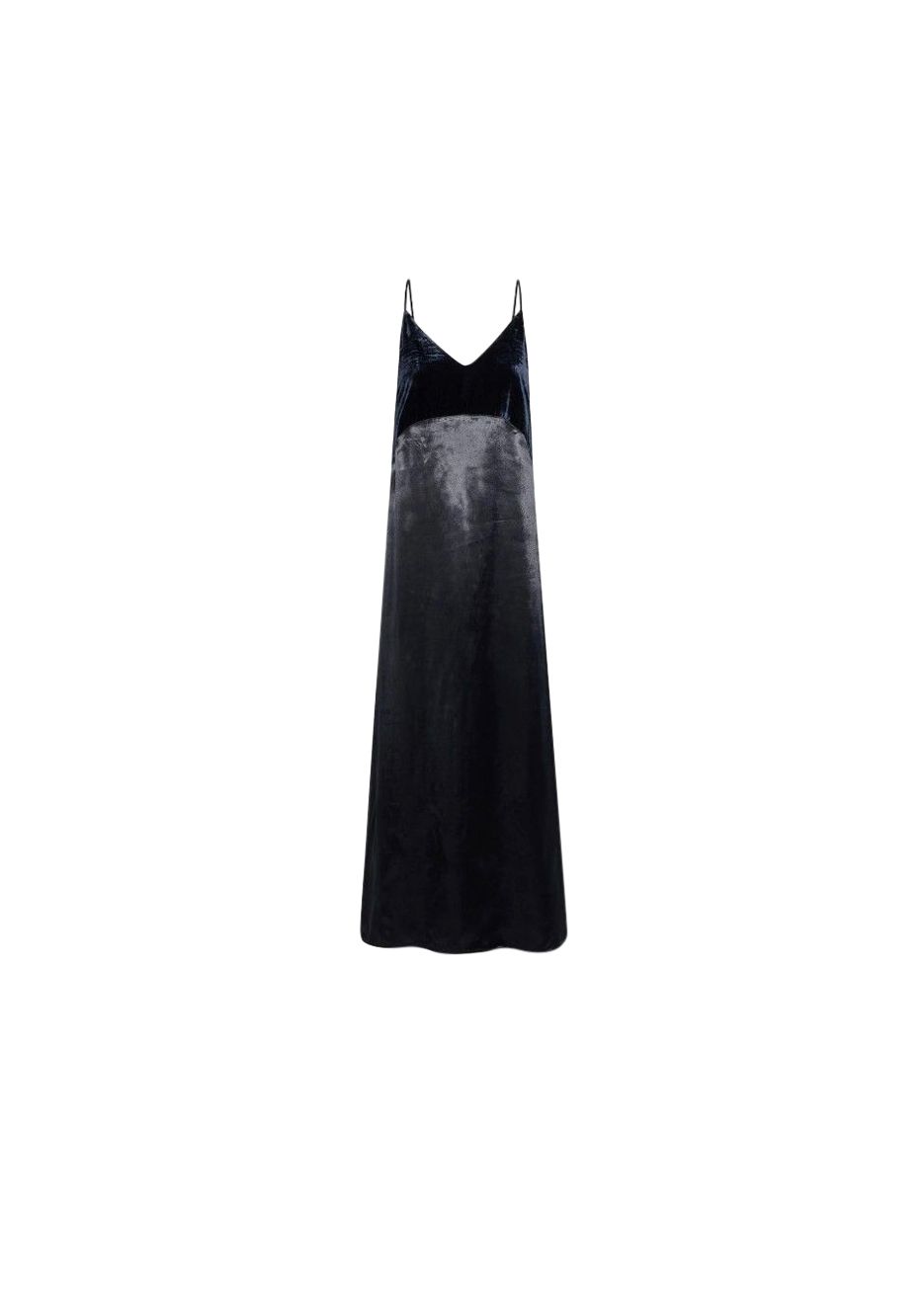 Maje Ryck Velvet-paneled Satin Maxi Slip Dress Size S Navy Blue velvet