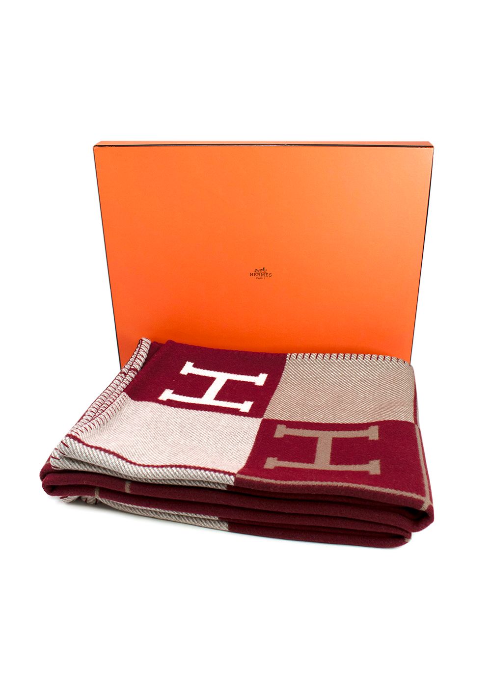 Men's Hermes Écru and Rouge Cashmere and Merino Wool Avalon III Throw Blanket burgundy beige merinos wool/cashmere