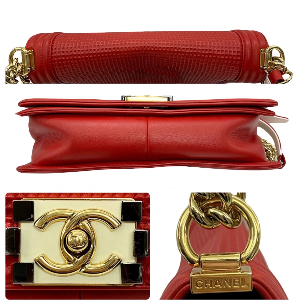 Preowned Chanel Red Textured Medium Boy Bag leather