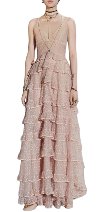 Preowned Dior Runway Blush Dotted Tulle Tiered Gown Size XS blush pink lace