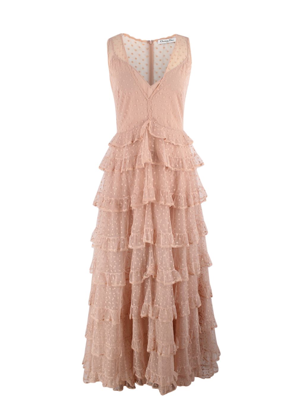 Preowned Dior Runway Blush Dotted Tulle Tiered Gown Size XS blush pink lace