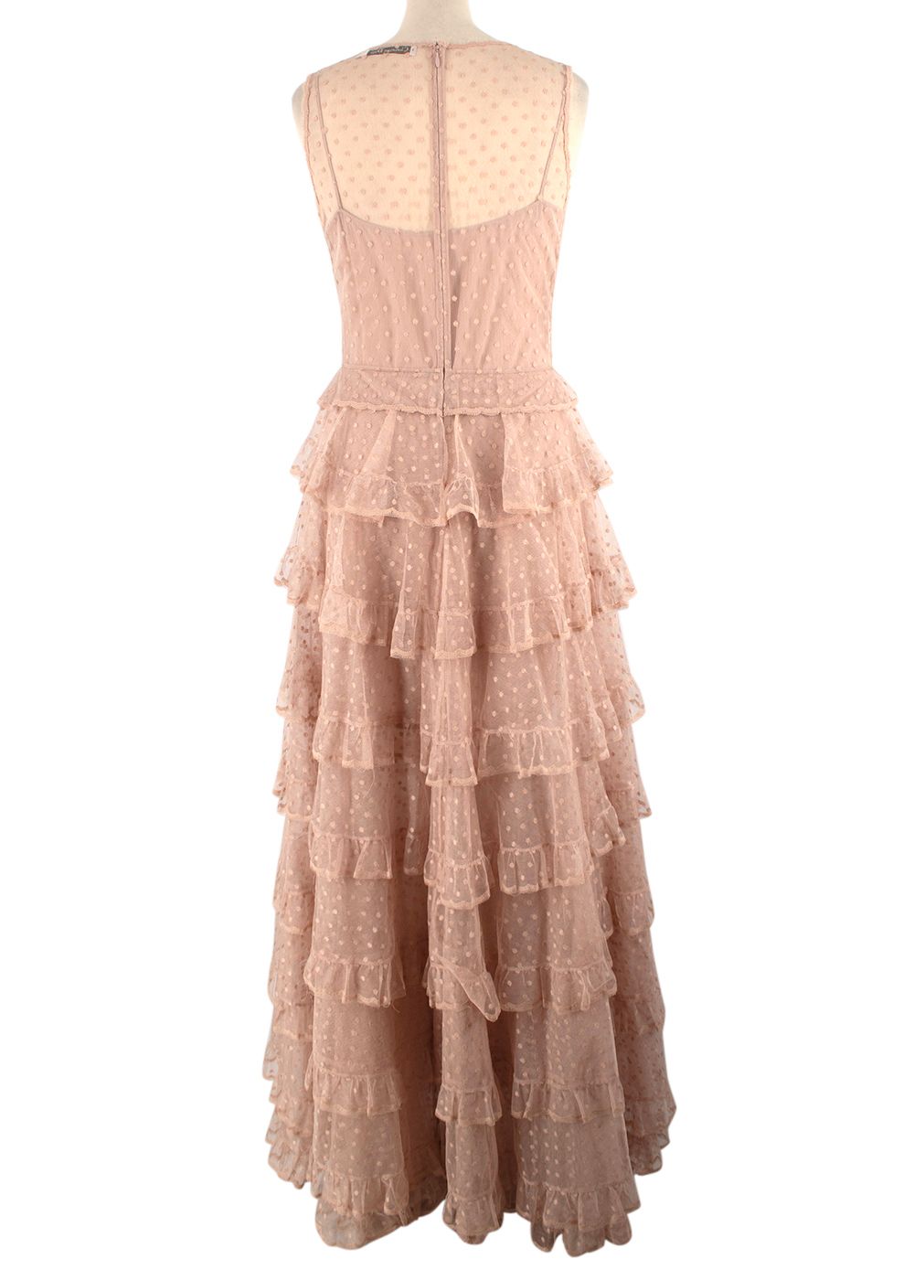 Preowned Dior Runway Blush Dotted Tulle Tiered Gown Size XS blush pink lace