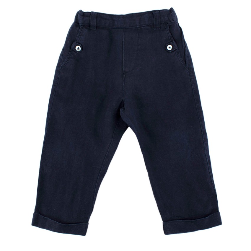 Boys Preowned Tartine et Chocolat Navy Linen Trousers Size 9-12 Months Blue