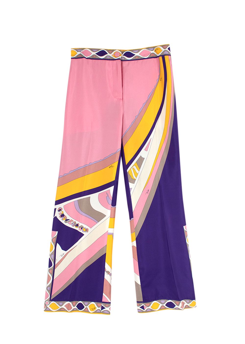 Preowned Emilio Pucci Purple and Pink Patterned Silk Wide Leg Trousers Size XXS purple pink yellow