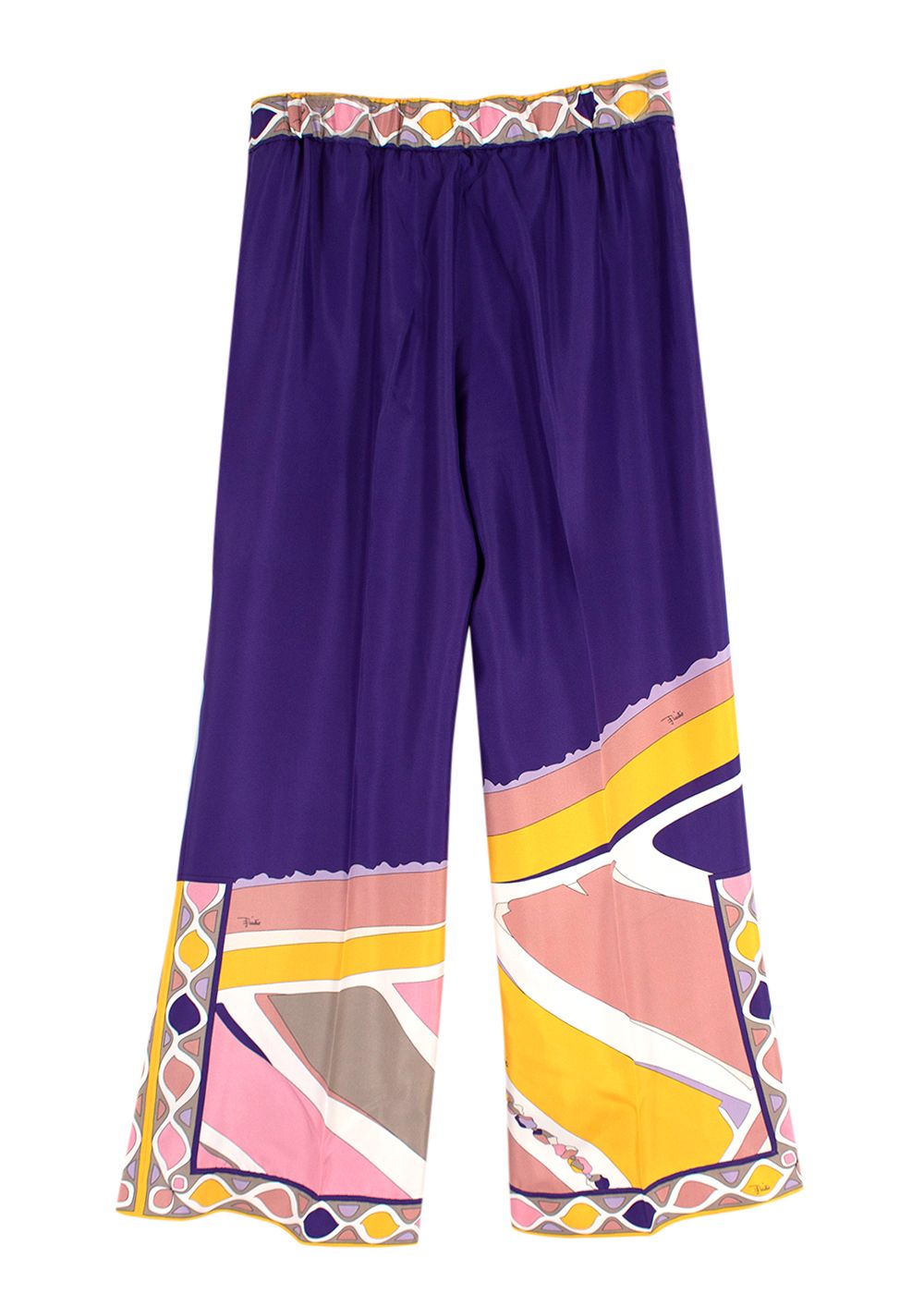 Preowned Emilio Pucci Purple and Pink Patterned Silk Wide Leg Trousers Size XXS purple pink yellow