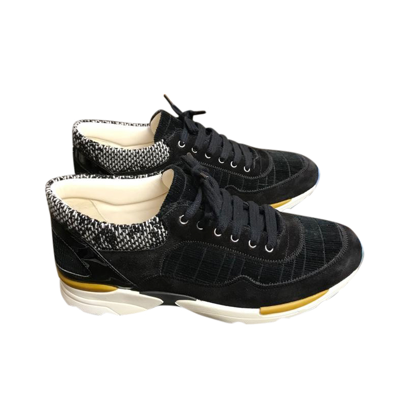 Preowned Chanel Tweed Trimmed Velvet Sneakers Size 385 Black