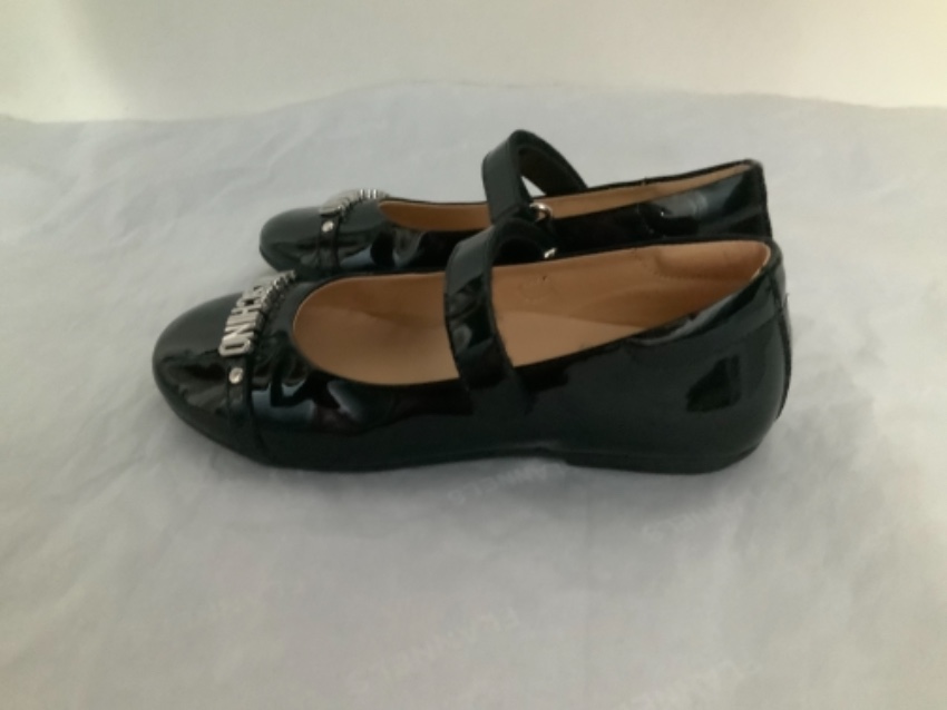 Boys Preowned Moschino Kids Size 28 Logo Mary-Janes Size 5 Years Black leather