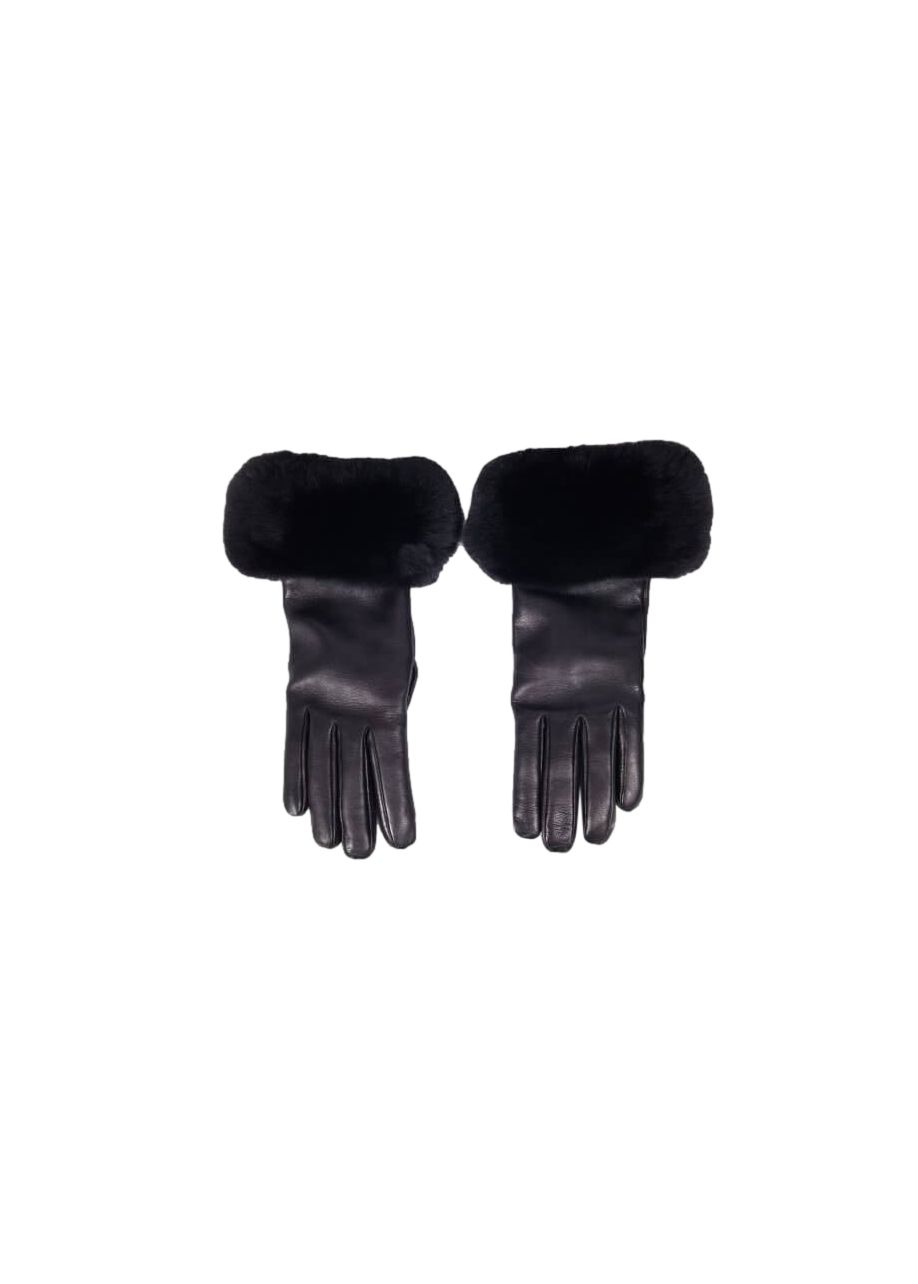 FurbySD Black Chinchilla Fur Trim Leather Gloves Size M