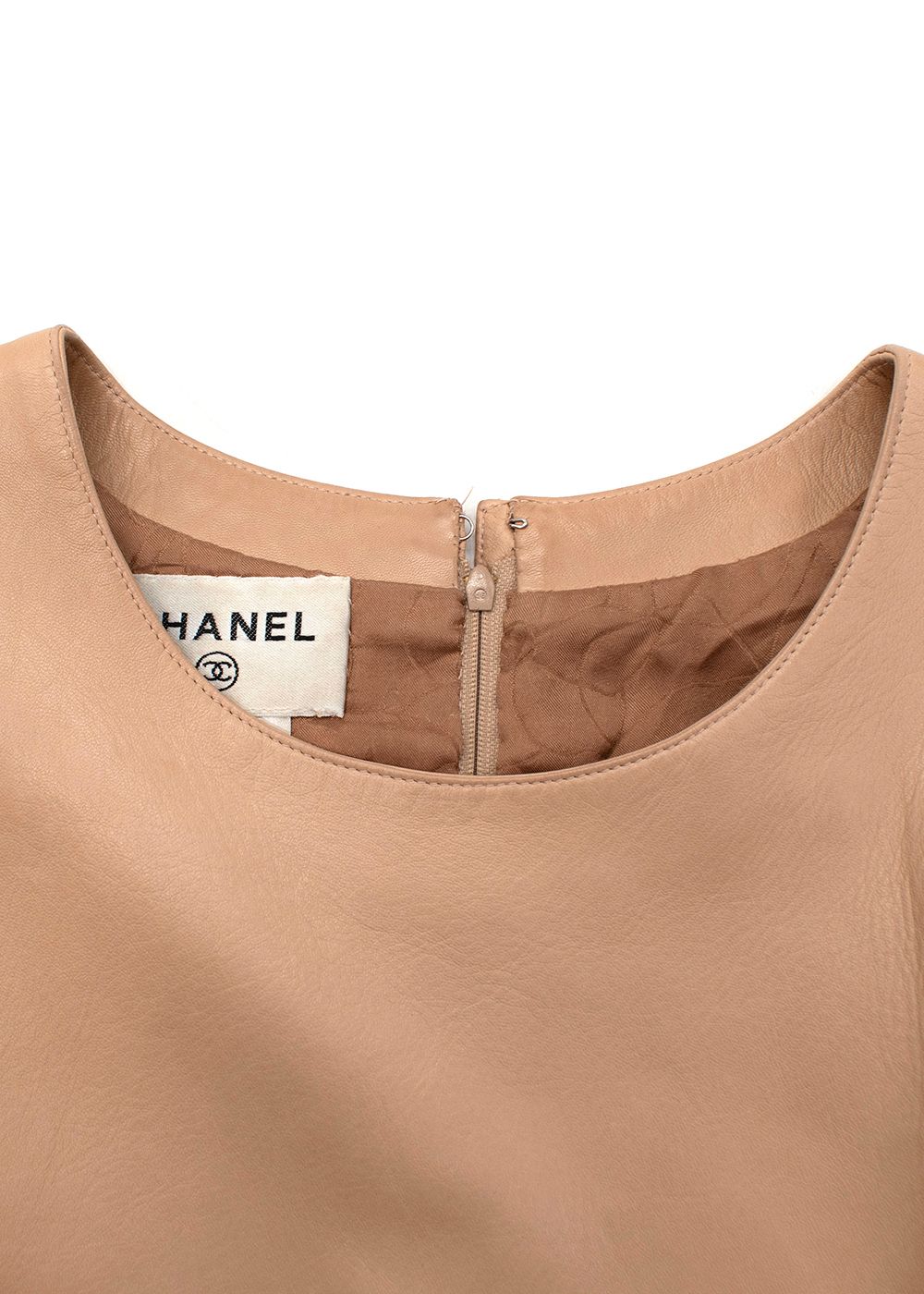 Preowned Chanel Nude Leather Sleeveless Shift Dress Size L