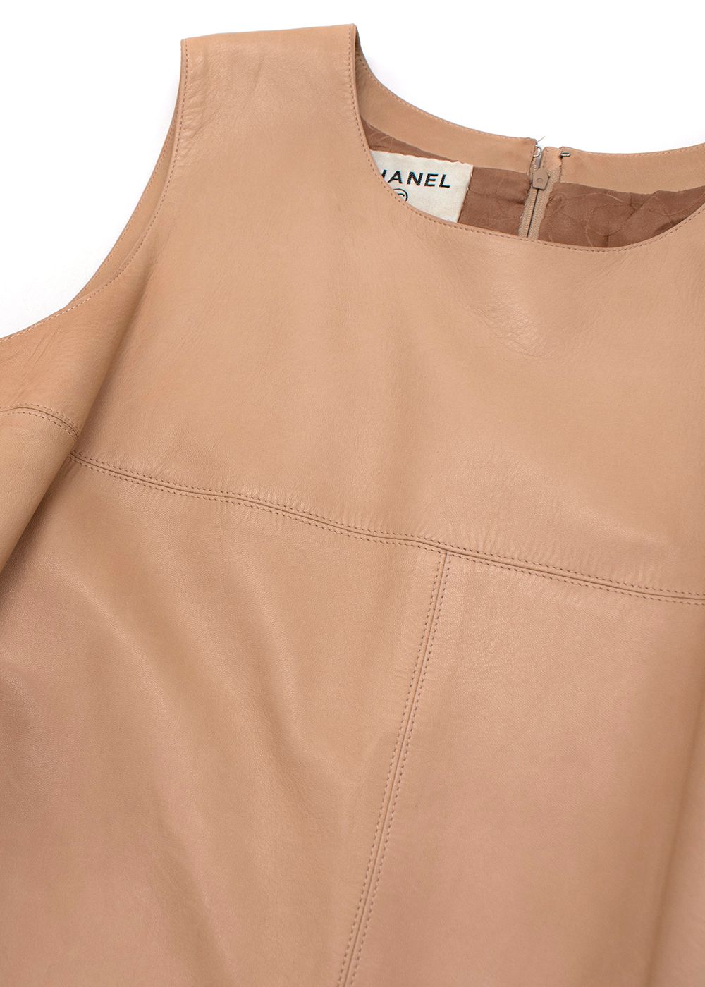 Preowned Chanel Nude Leather Sleeveless Shift Dress Size L