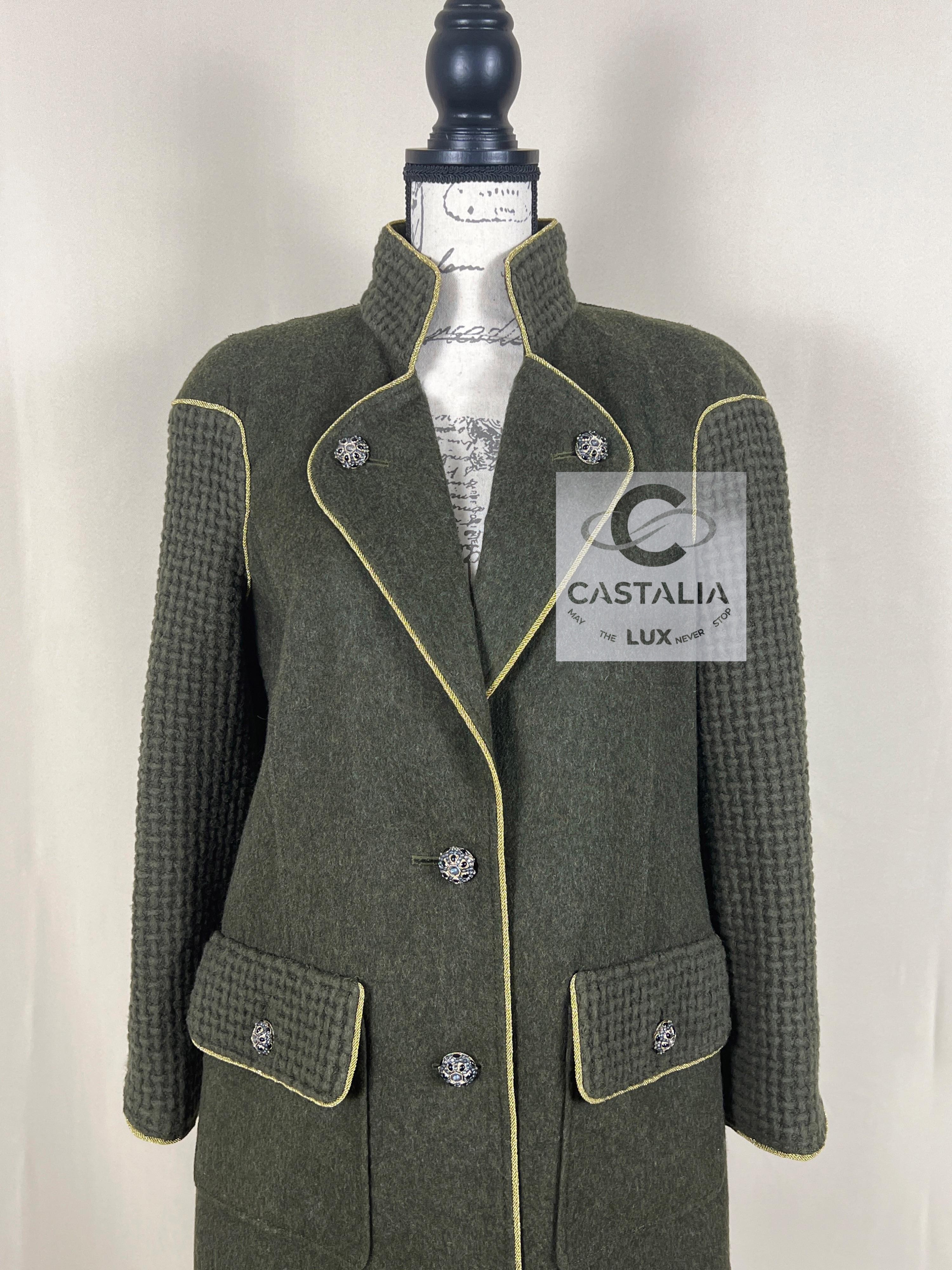 Chanel Khaki Tweed Longline Coat with Gripoix Jewel Buttons Size M green wool