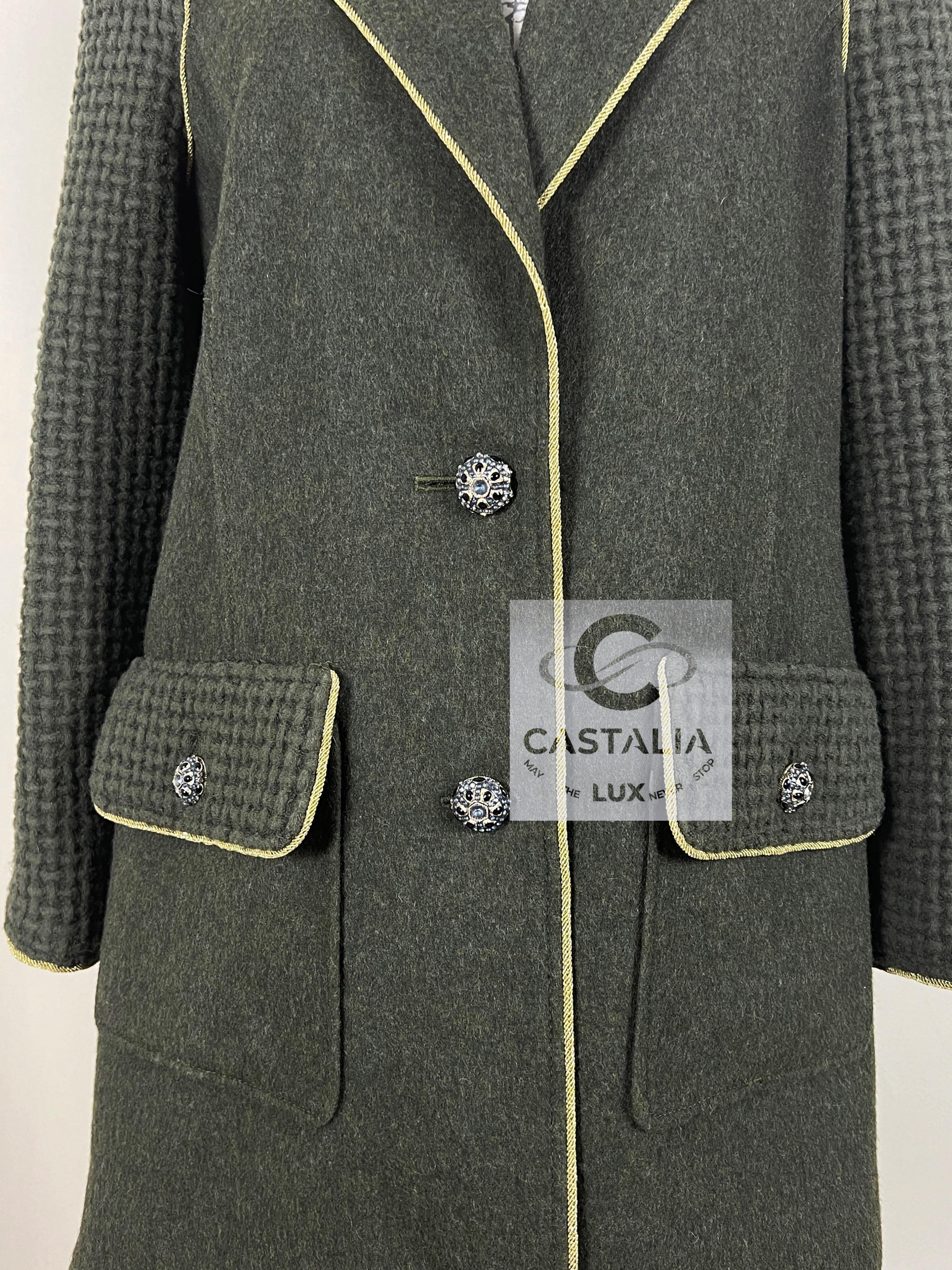 Chanel Khaki Tweed Longline Coat with Gripoix Jewel Buttons Size M green wool