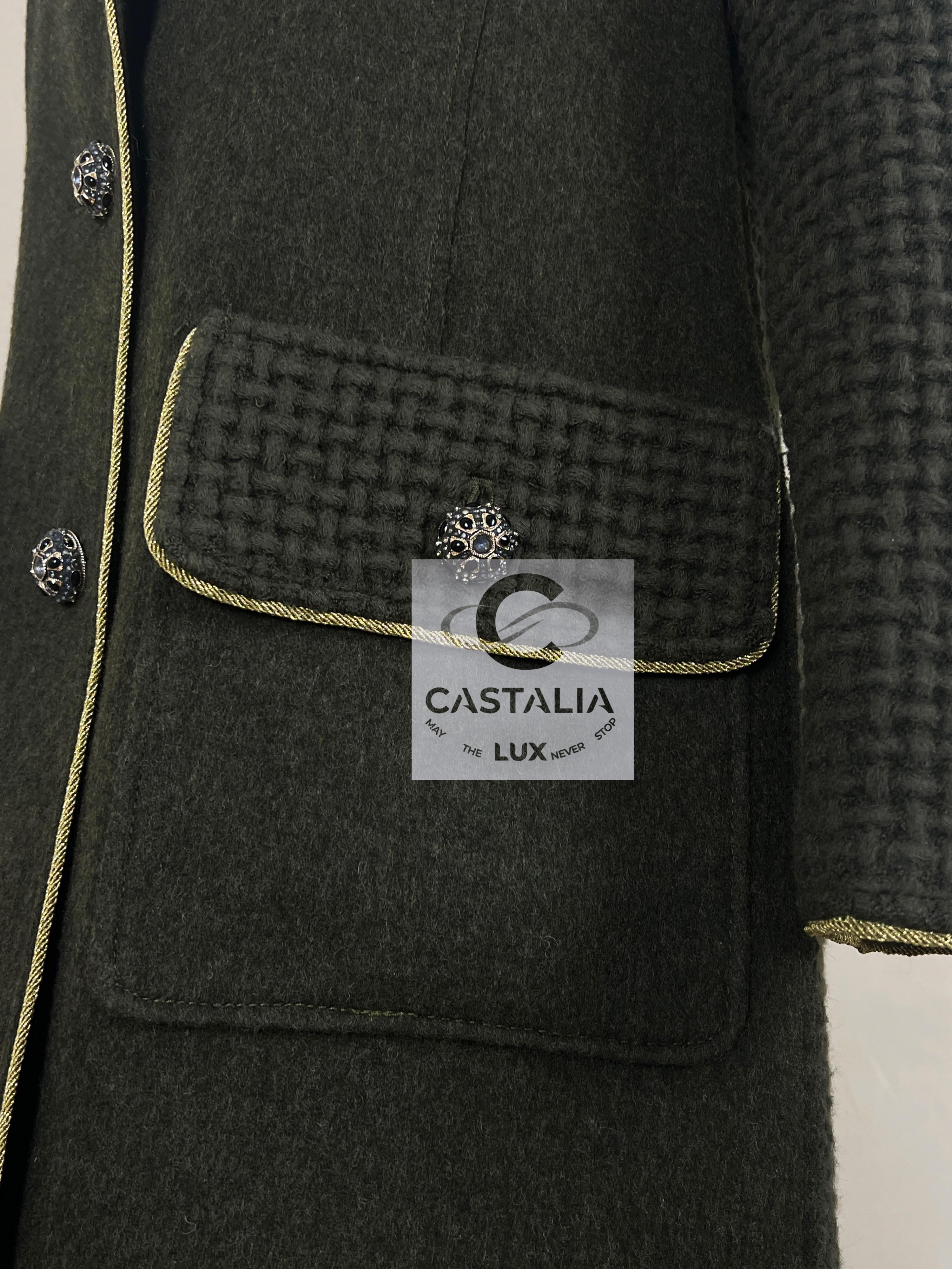 Chanel Khaki Tweed Longline Coat with Gripoix Jewel Buttons Size M green wool