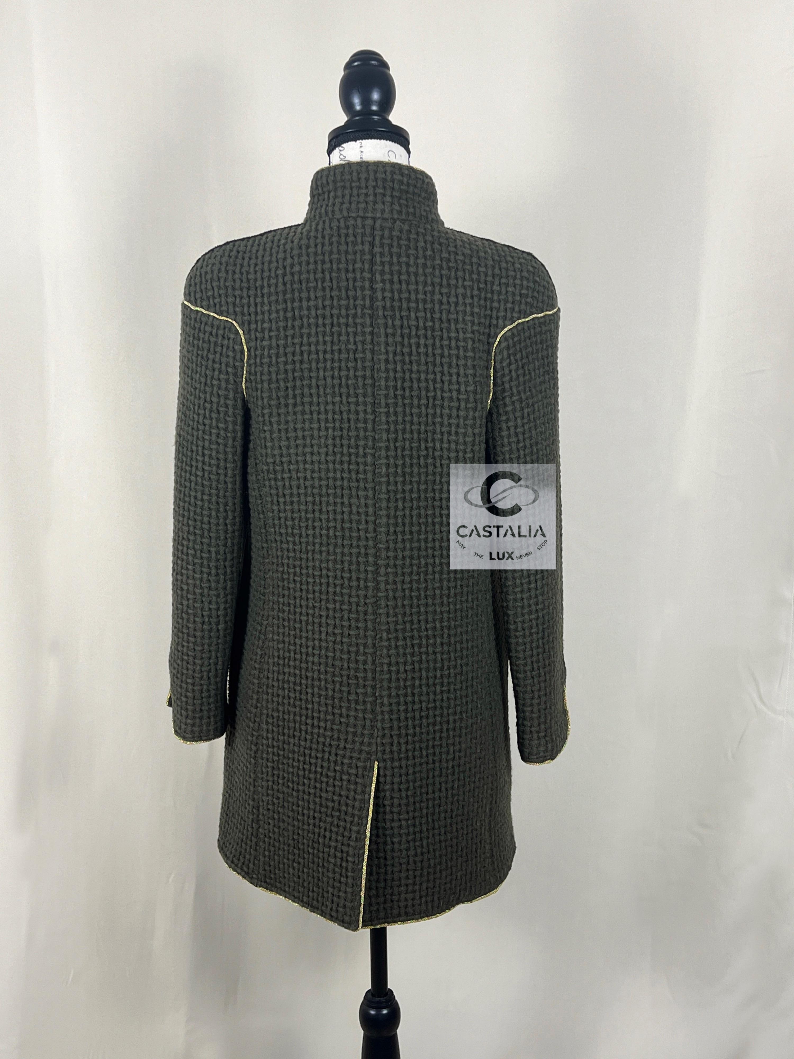 Chanel Khaki Tweed Longline Coat with Gripoix Jewel Buttons Size M green wool