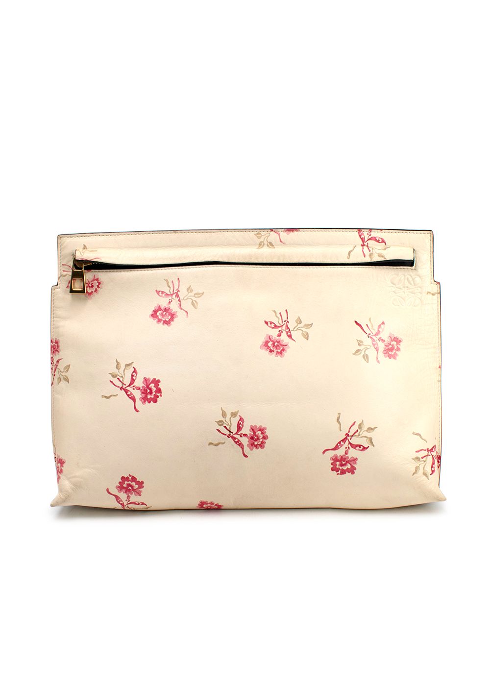 Preowned Loewe  T Pouch Leather Clutch in Cream Floral Cream/Pink/Black