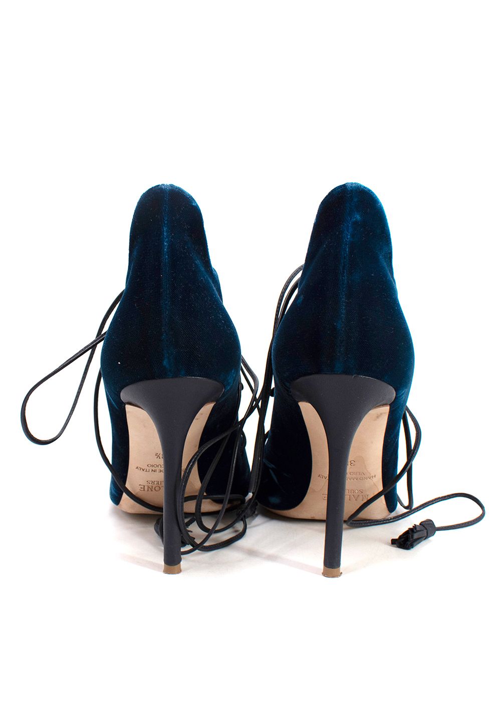 Preowned Malone Souliers Blue Velvet Lace Up Peep Toe Pumps Size 385 leather