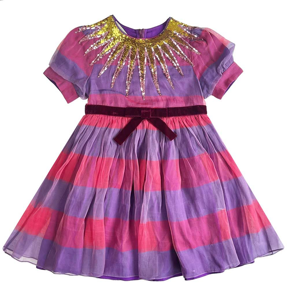 Boys Preowned Gucci Short-Sleeve Striped Sequin Dress Size 5 Years Pink and Purple silk