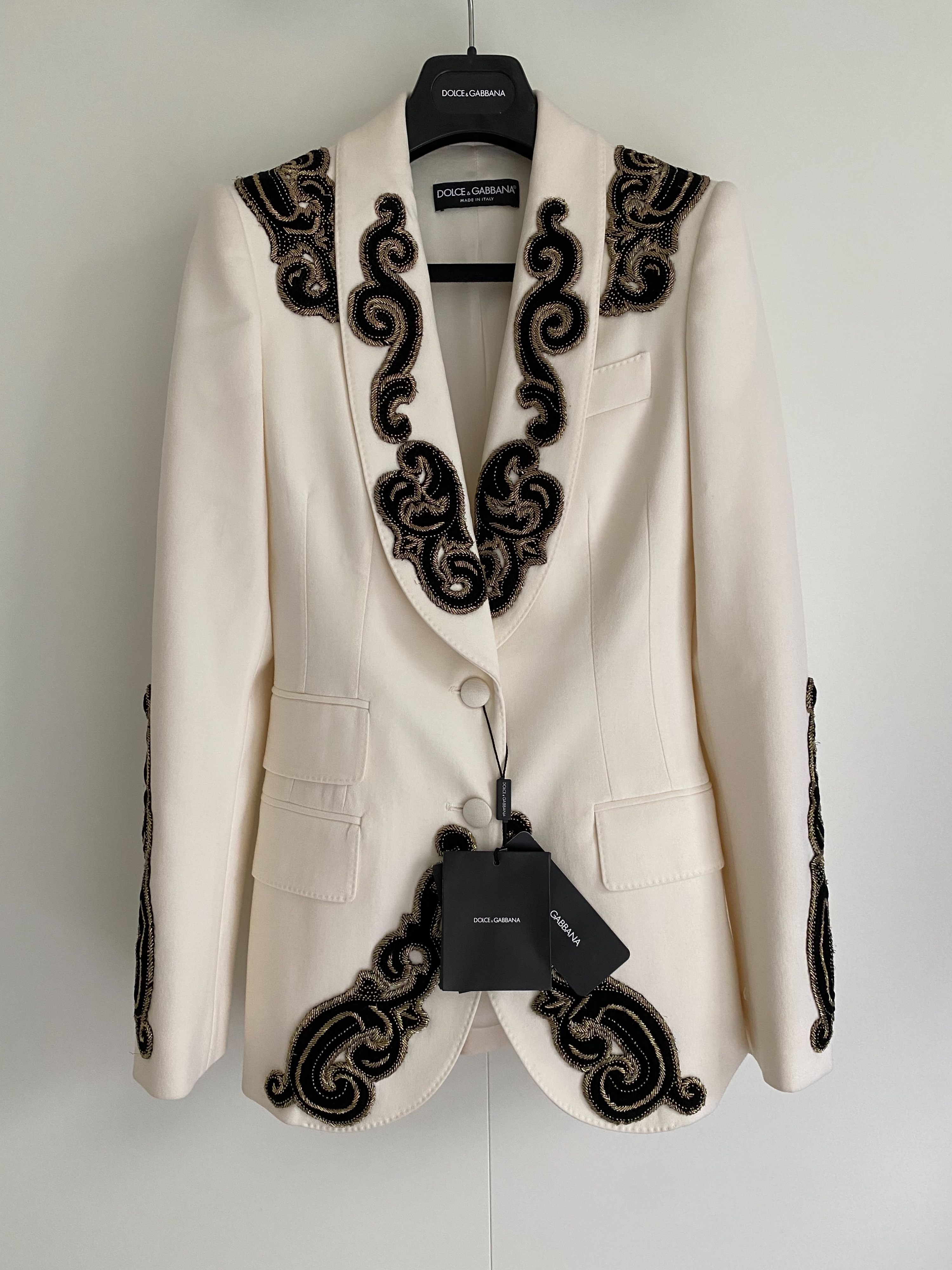 Dolce  Gabbana Ivory  black applique blazer Size XXS Natural white wool