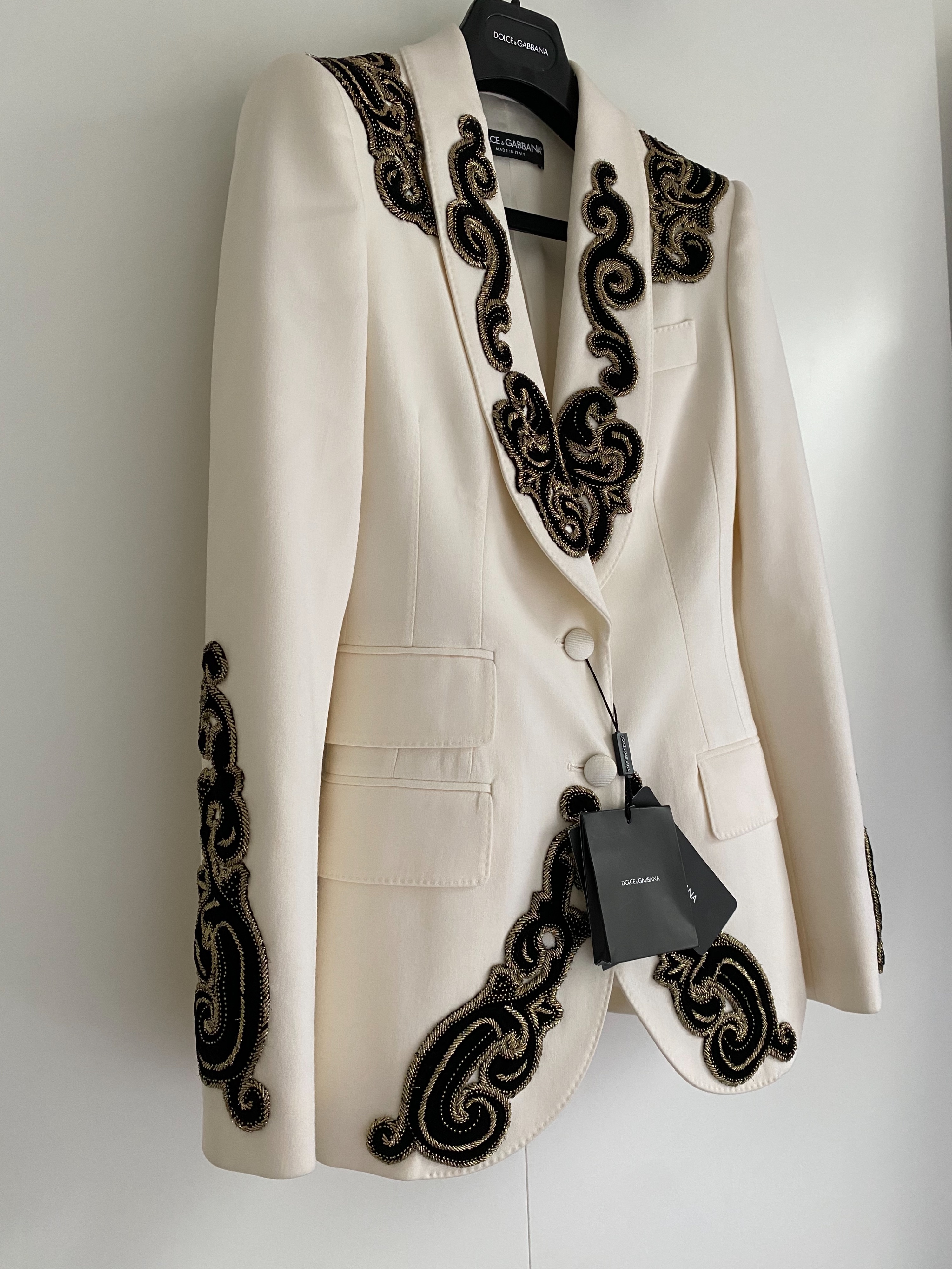 Dolce  Gabbana Ivory  black applique blazer Size XXS Natural white wool