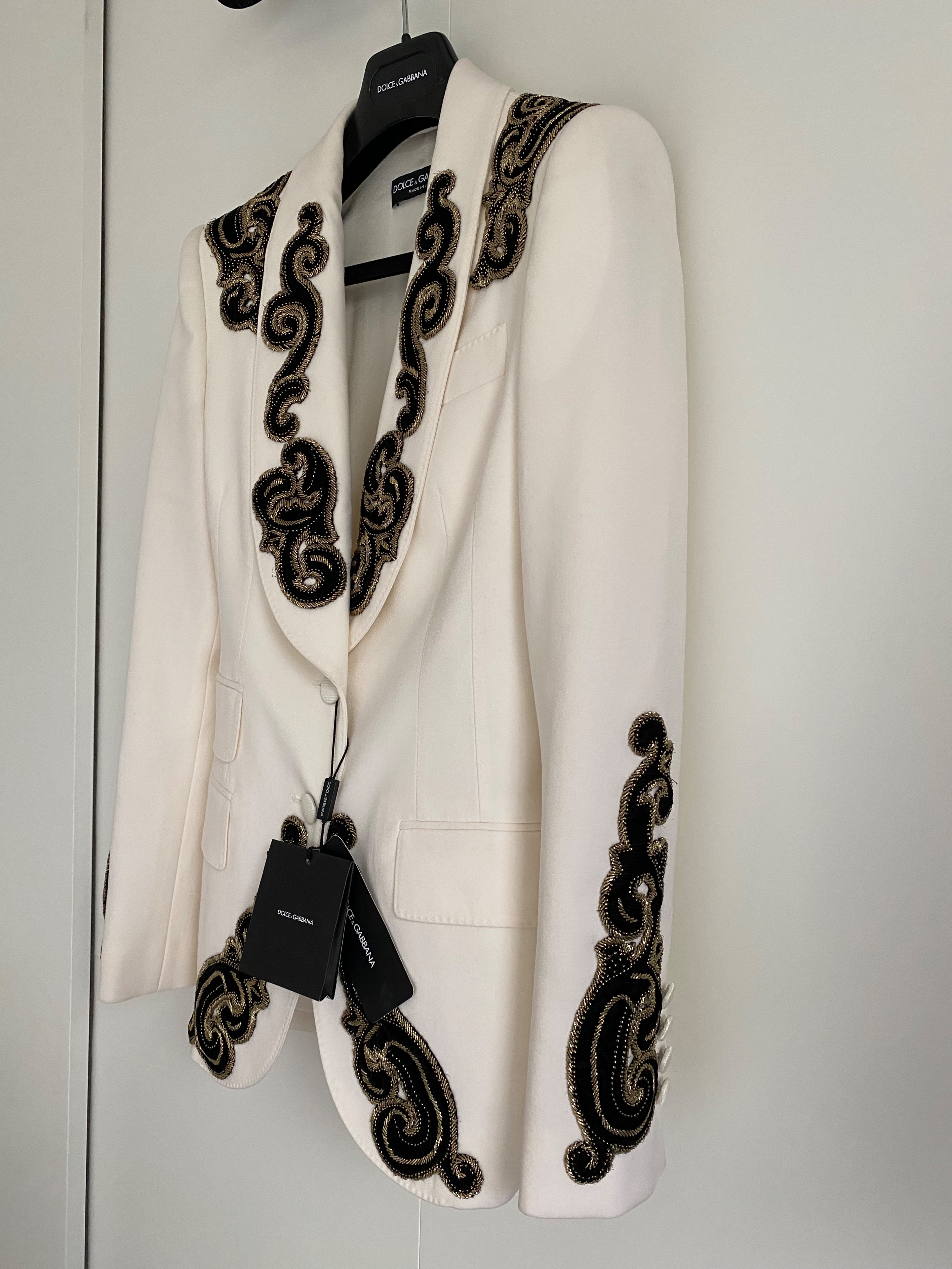 Dolce  Gabbana Ivory  black applique blazer Size XXS Natural white wool