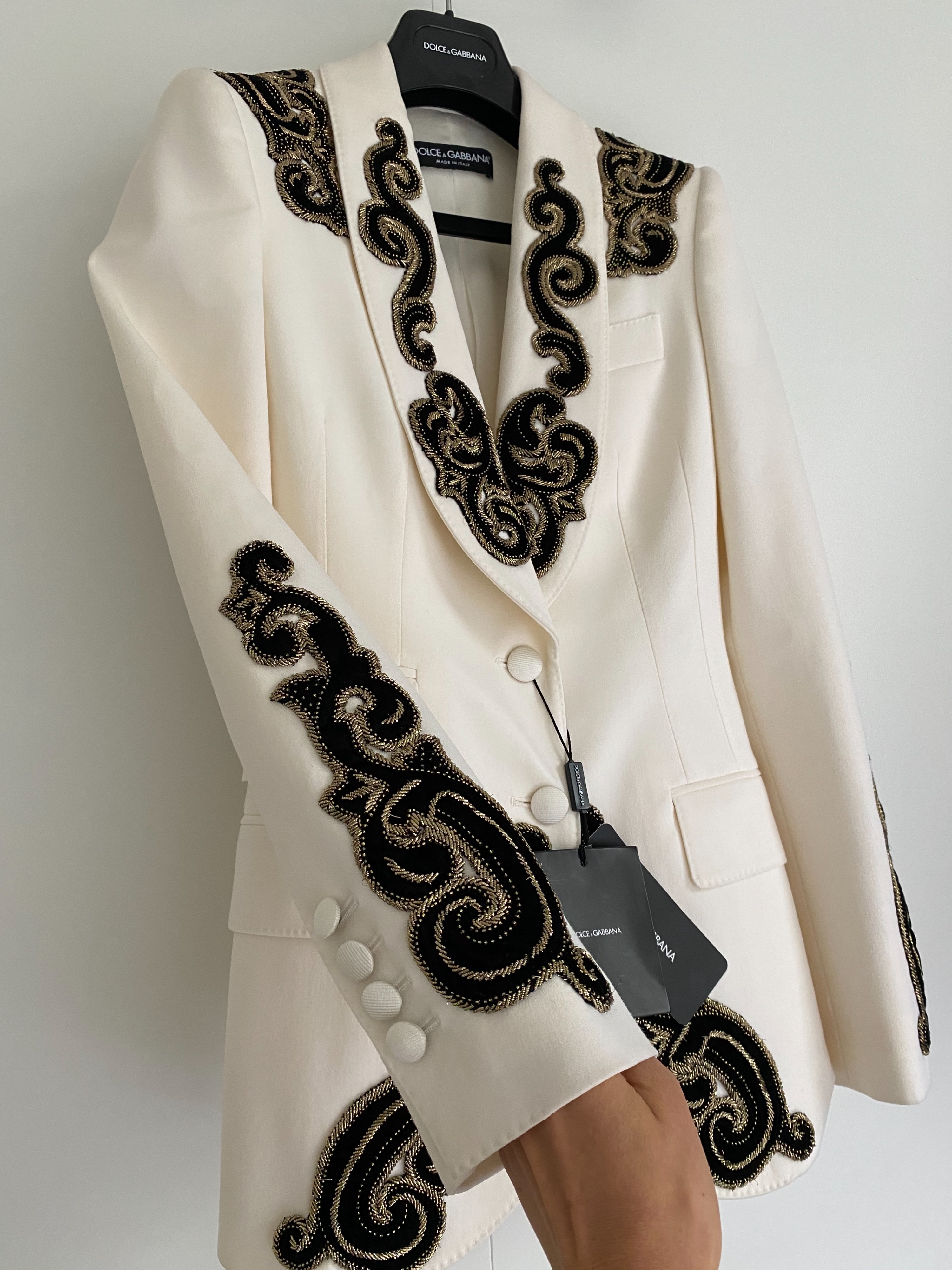 Dolce  Gabbana Ivory  black applique blazer Size XXS Natural white wool