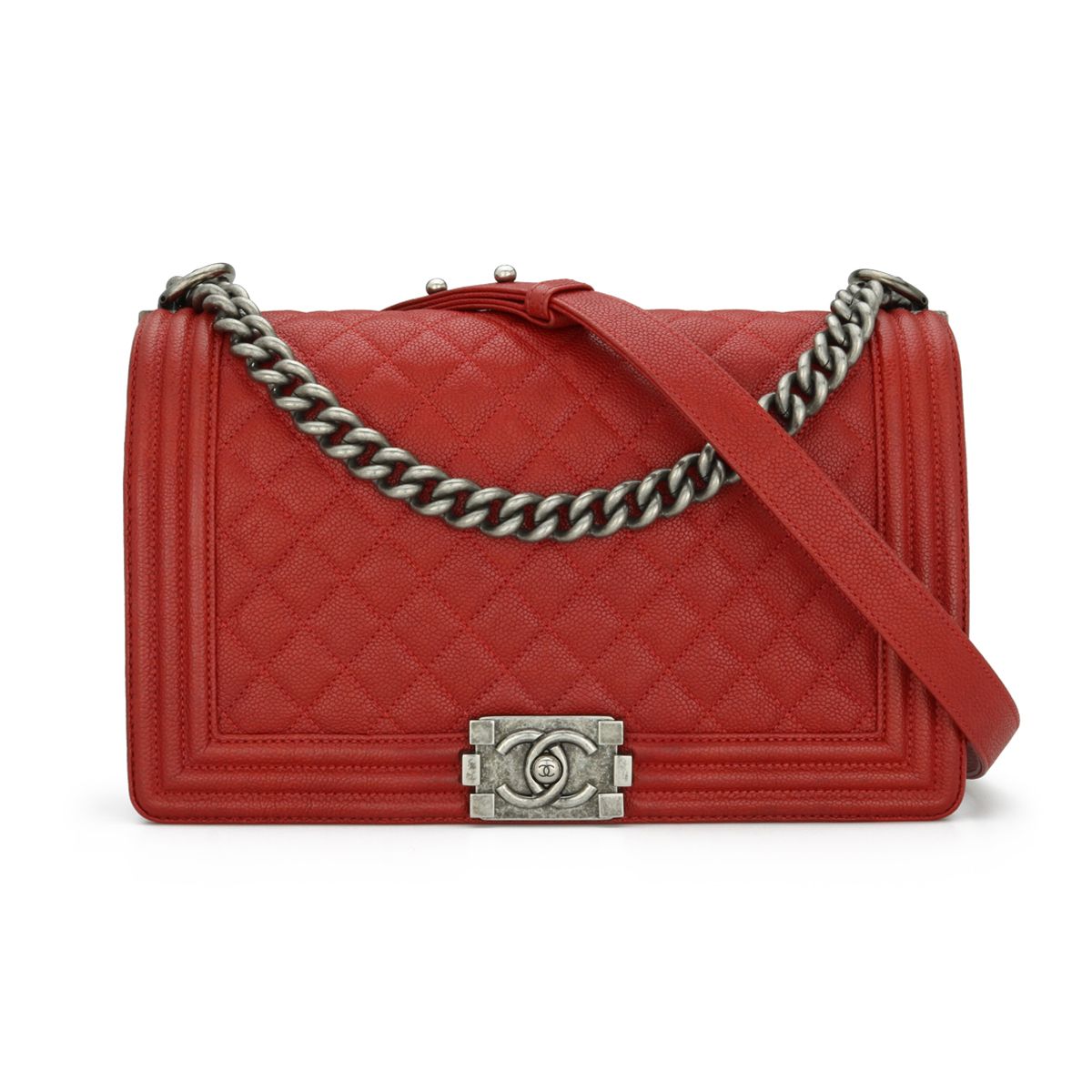 Preowned Chanel Red Caviar Leather Medium Boy Bag grained calfskin-caviar