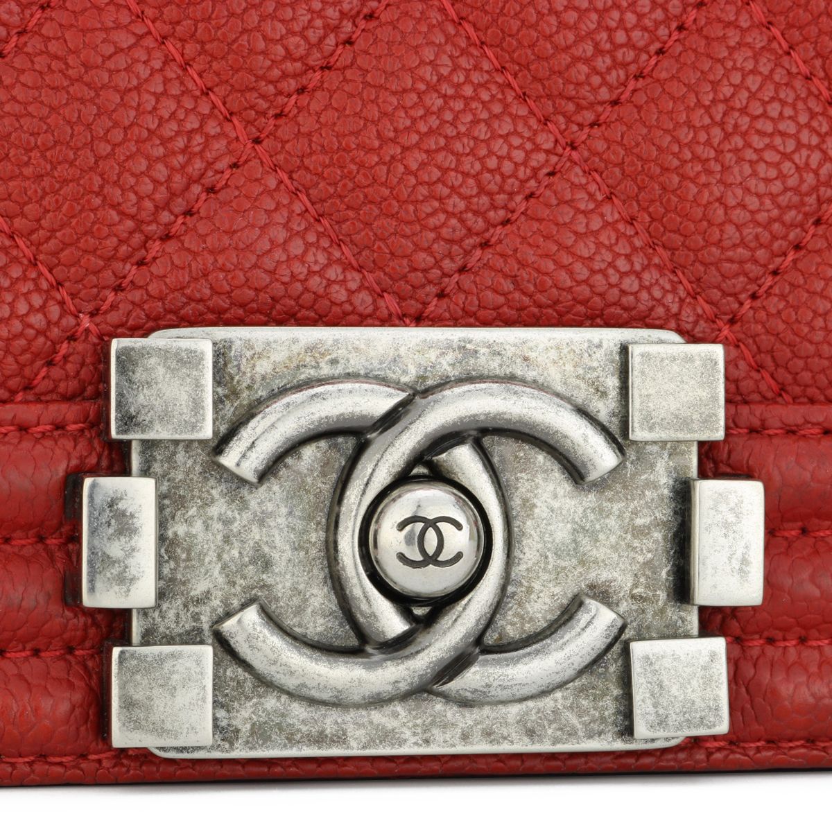 Preowned Chanel Red Caviar Leather Medium Boy Bag grained calfskin-caviar