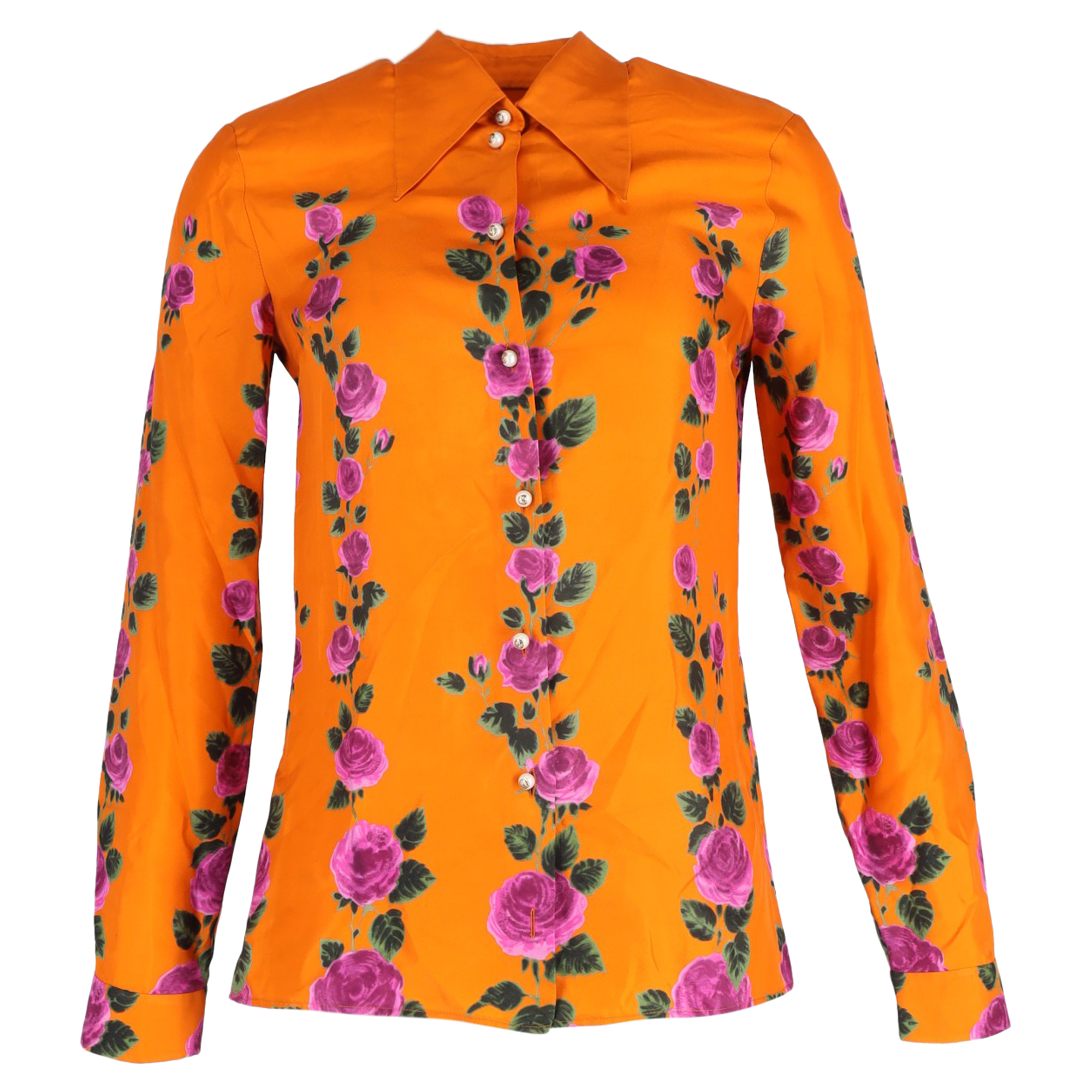 Gucci Orange Silk Rose-Print Button-Down Shirt Size 42