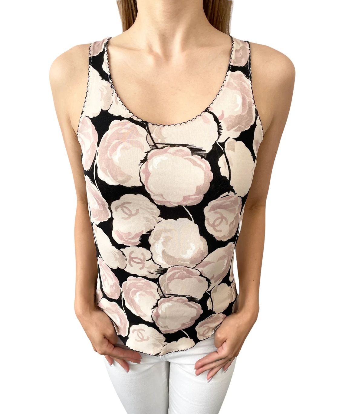 Preowned Chanel Vintage Camelia print jersey tank top Size S floral rayon