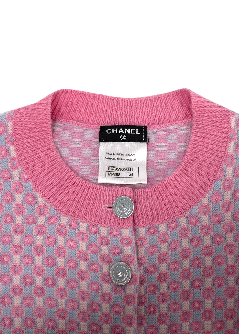 Preowned Chanel Light Pink and Blue Cropped Cashmere Cardigan Size XXS light pink light blue white