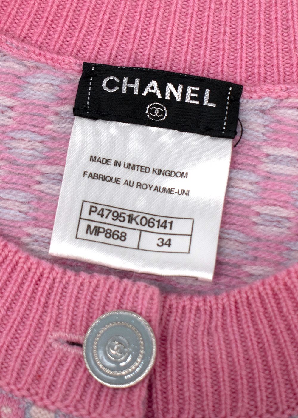 Preowned Chanel Light Pink and Blue Cropped Cashmere Cardigan Size XXS light pink light blue white