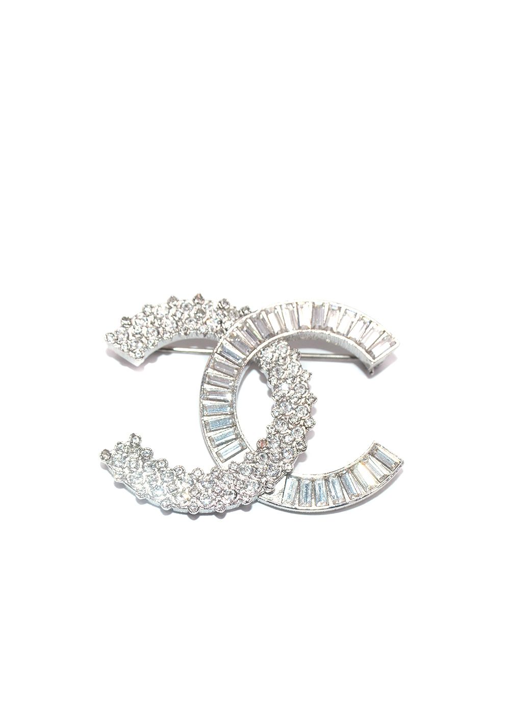 Chanel Silver Embellished Crystal CC Brooch metal