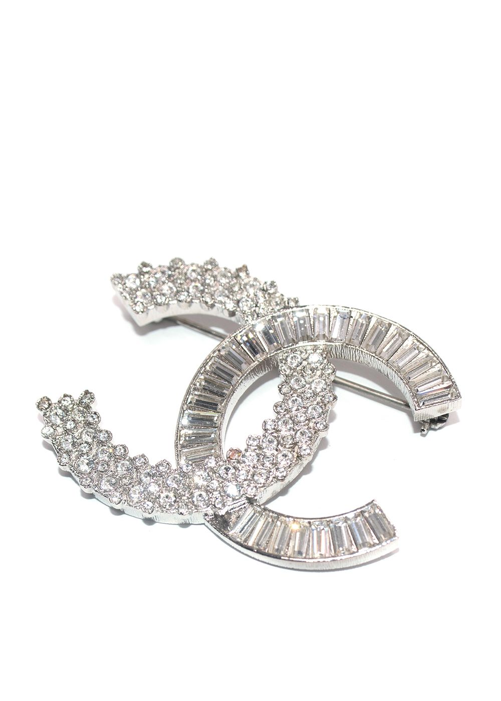 Chanel Silver Embellished Crystal CC Brooch metal