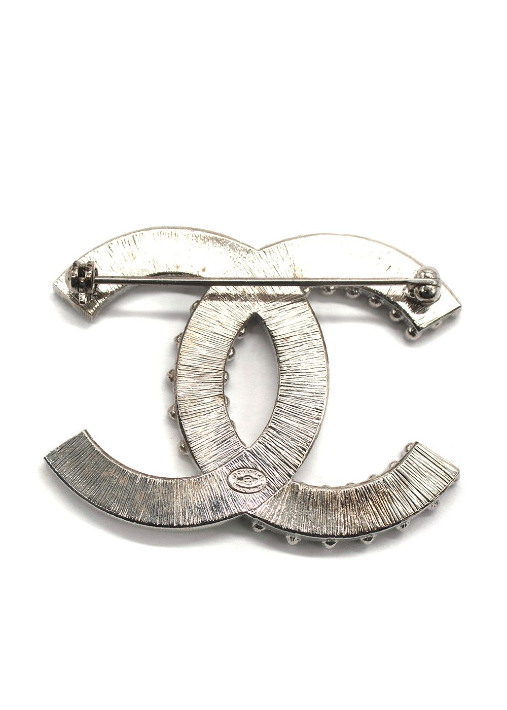 Chanel Silver Embellished Crystal CC Brooch metal