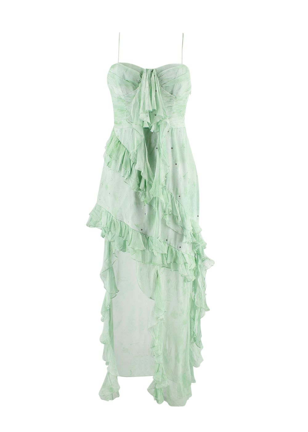 Preowned Alessandra Rich Green Silk Asymmetric Maxi Dress Size XXS