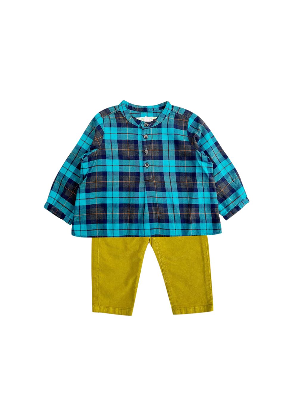 Boys Preowned Bonpoint Check Shirt and Corduroy Trousers Set Size 3-6 Months Yellow Turquoise cotton