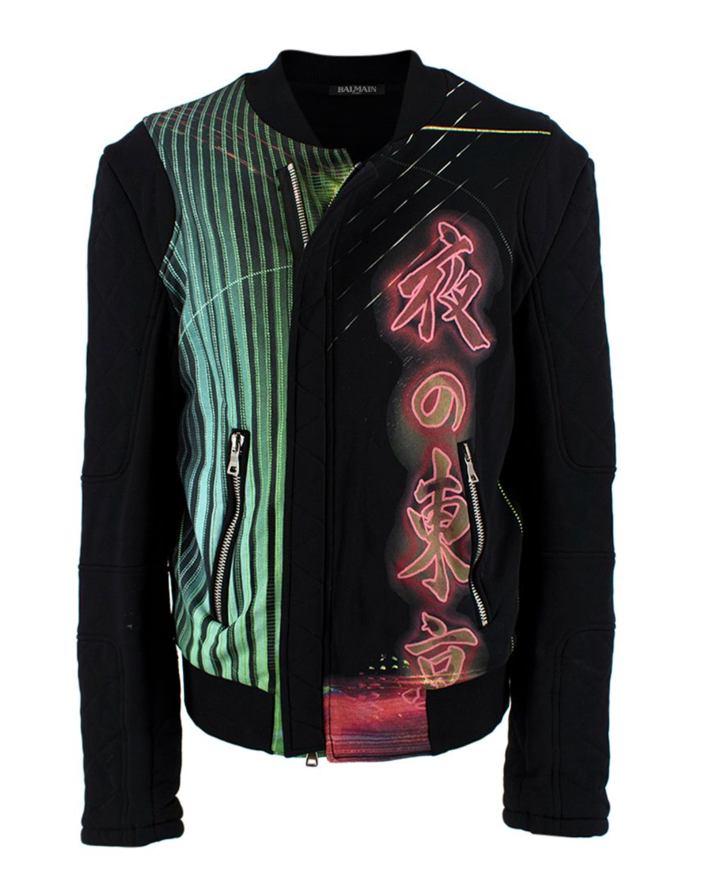 Men's Preowned Balmain Black Neon Lights Asymmetric Jacket Size M Black and Multi-coloured print cotton